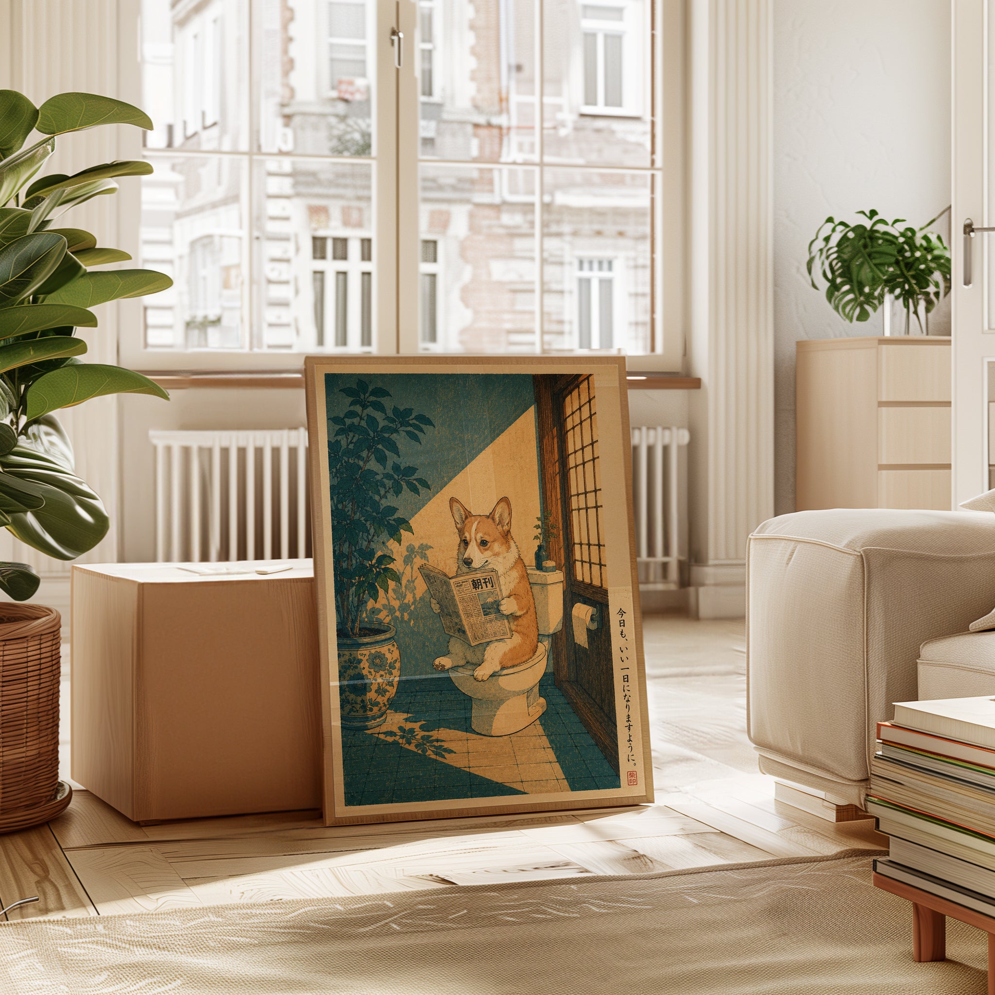 Japanese Dog Wall Art – Corgi Bathroom Print - interior