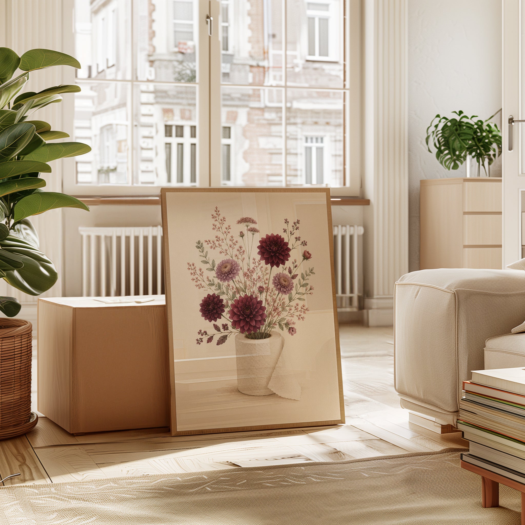 Burgundy Dahlia Botanical Print: Vintage Floral Arrangement Art - interior