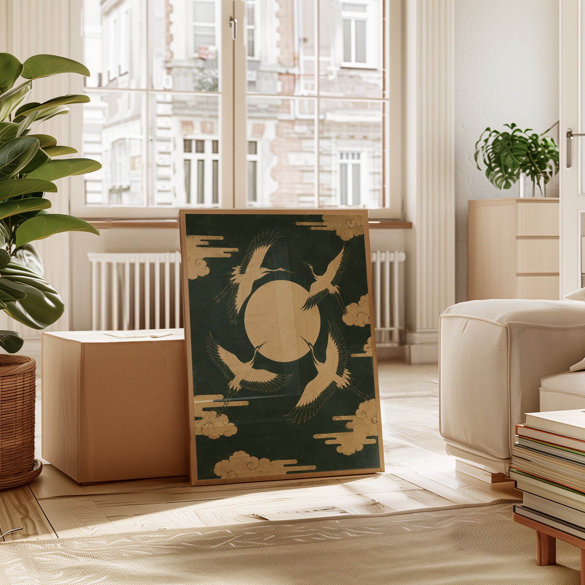 Japanese Cranes and Moon Art Print: Traditional Gold Green Design - interior