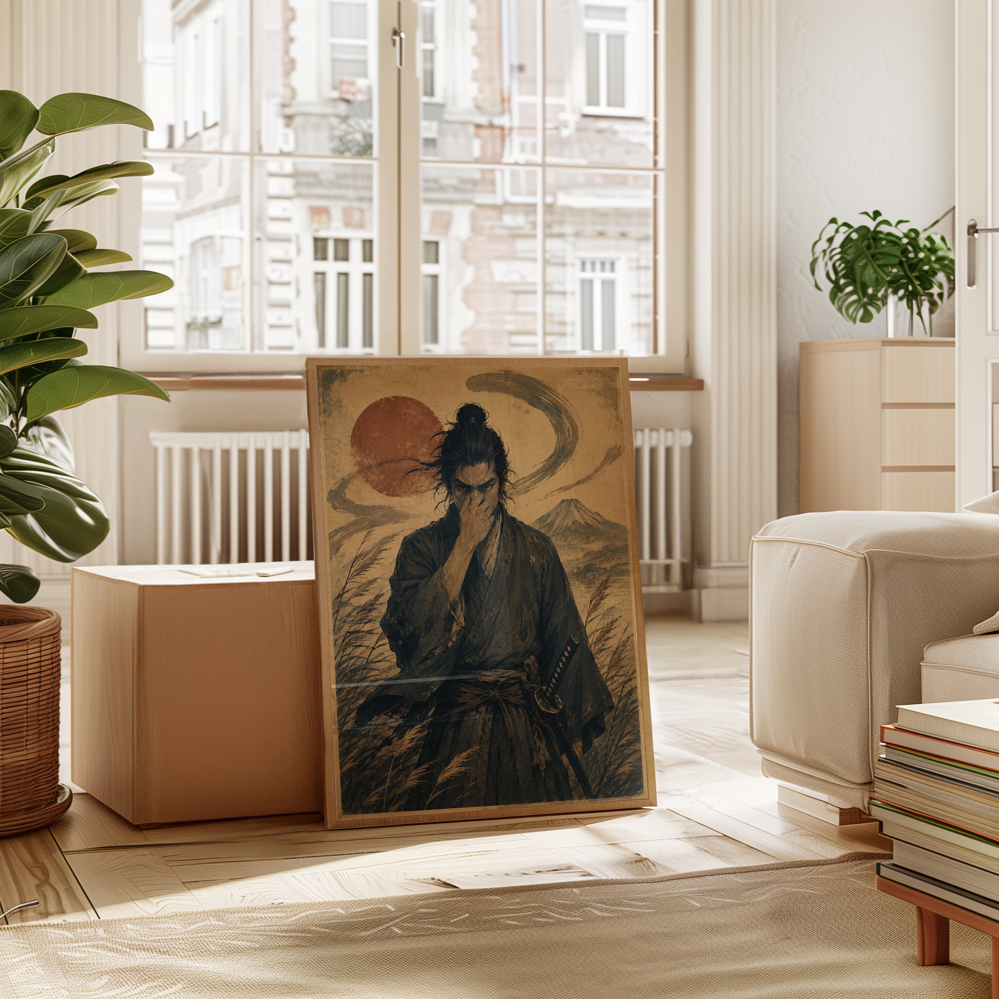 Funny Bathroom Poster Samurai Art Print: Japanese Warrior and Mount - interior