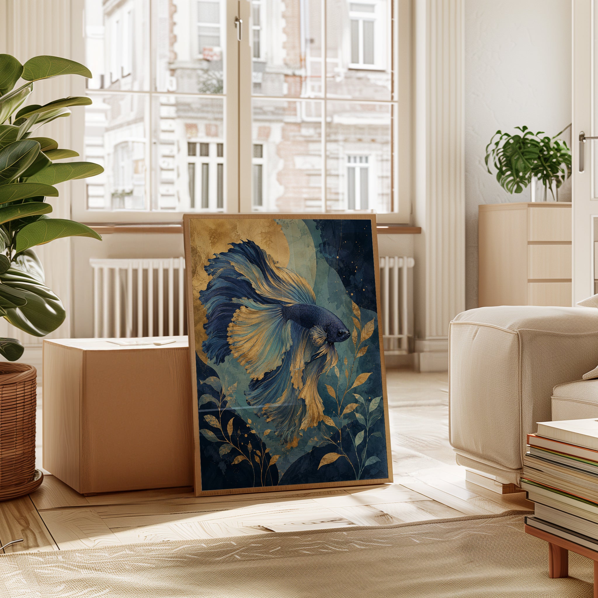 Betta Fish Wall Art – Blue Gold Ocean Print - interior
