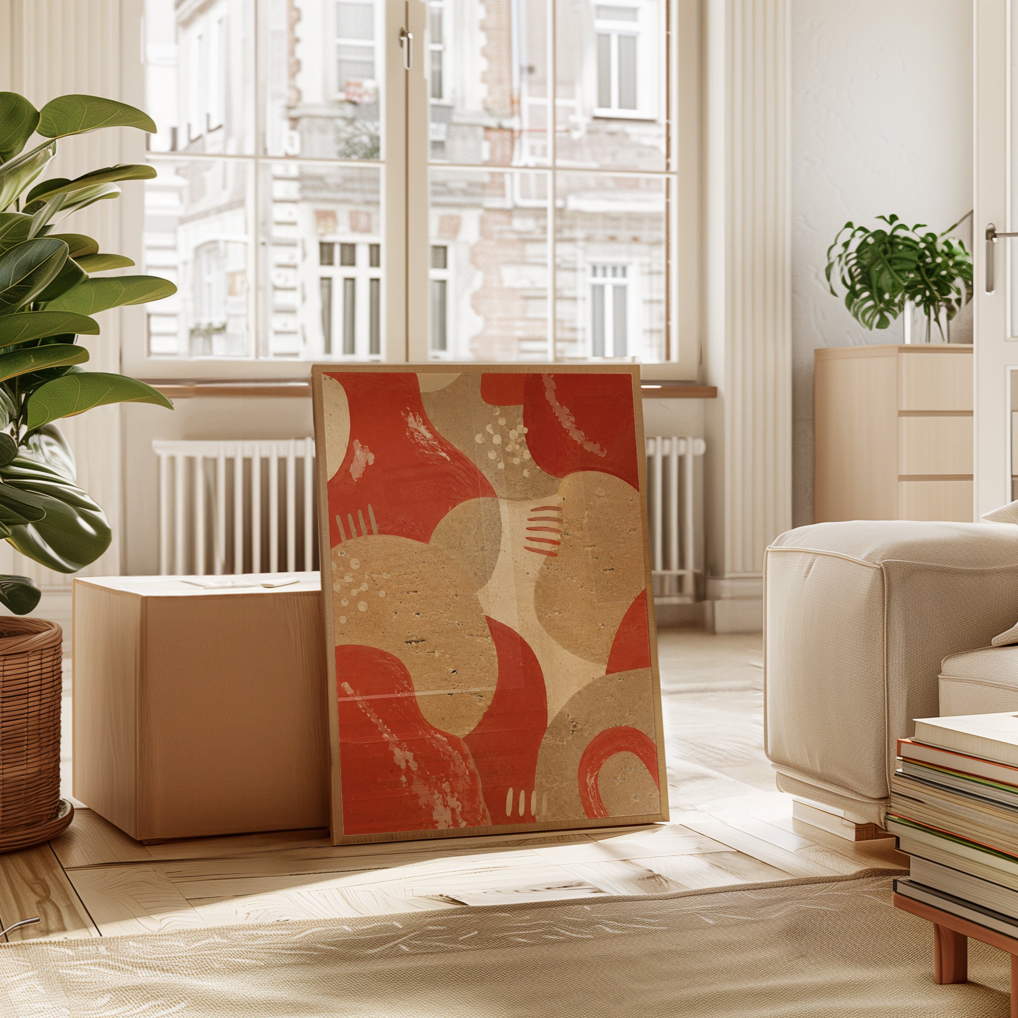 Abstract Organic Shapes Art Print: Red and Beige Mid-Century - interior
