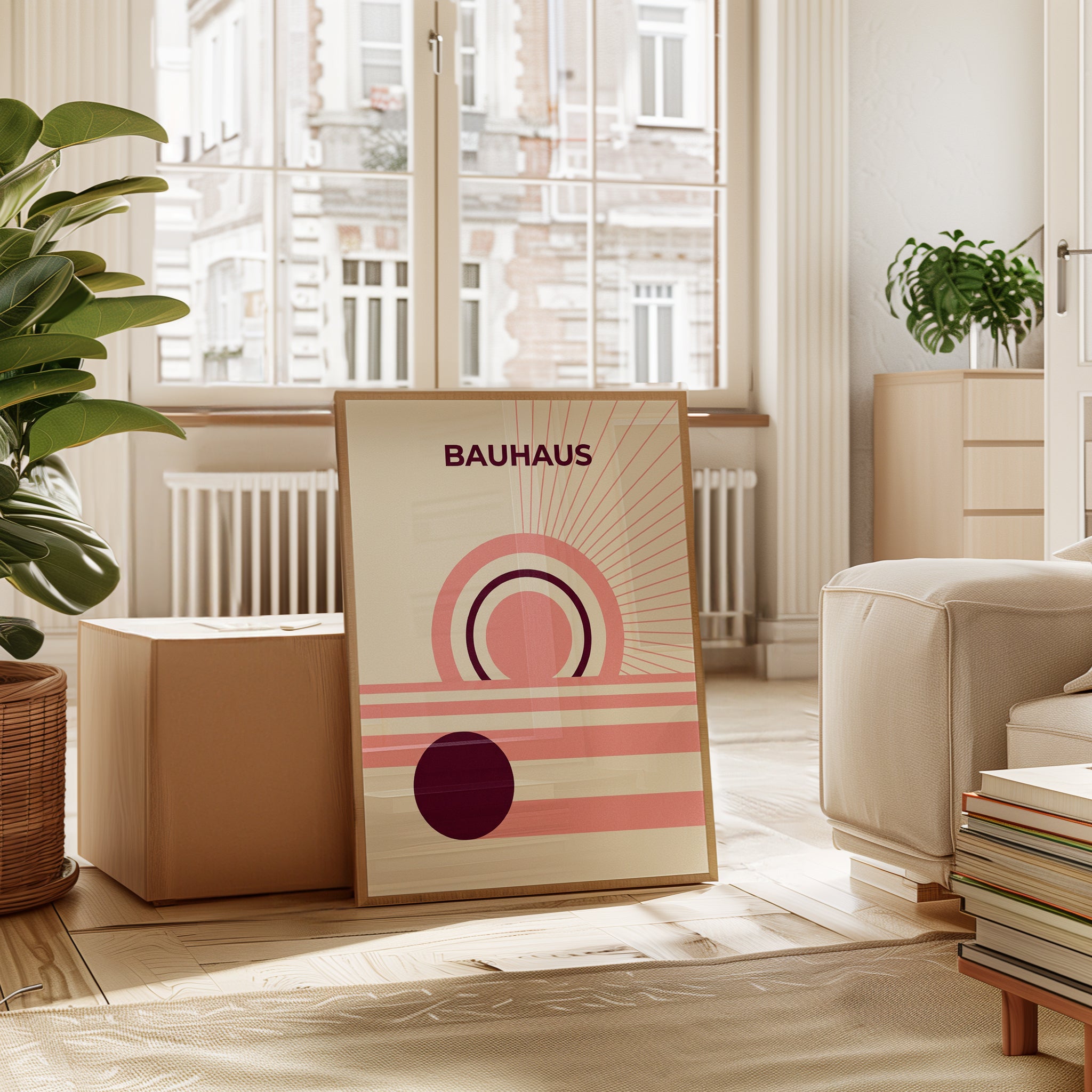 Bauhaus Geometric Print: Retro Circles & Lines in Pink and Burgundy - interior
