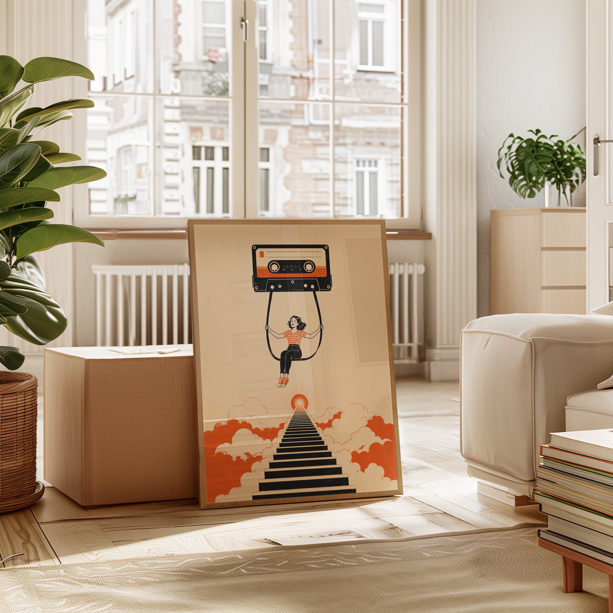 Cassette Tape Swing Art Print: Retro Music Nostalgia in Orange - interior
