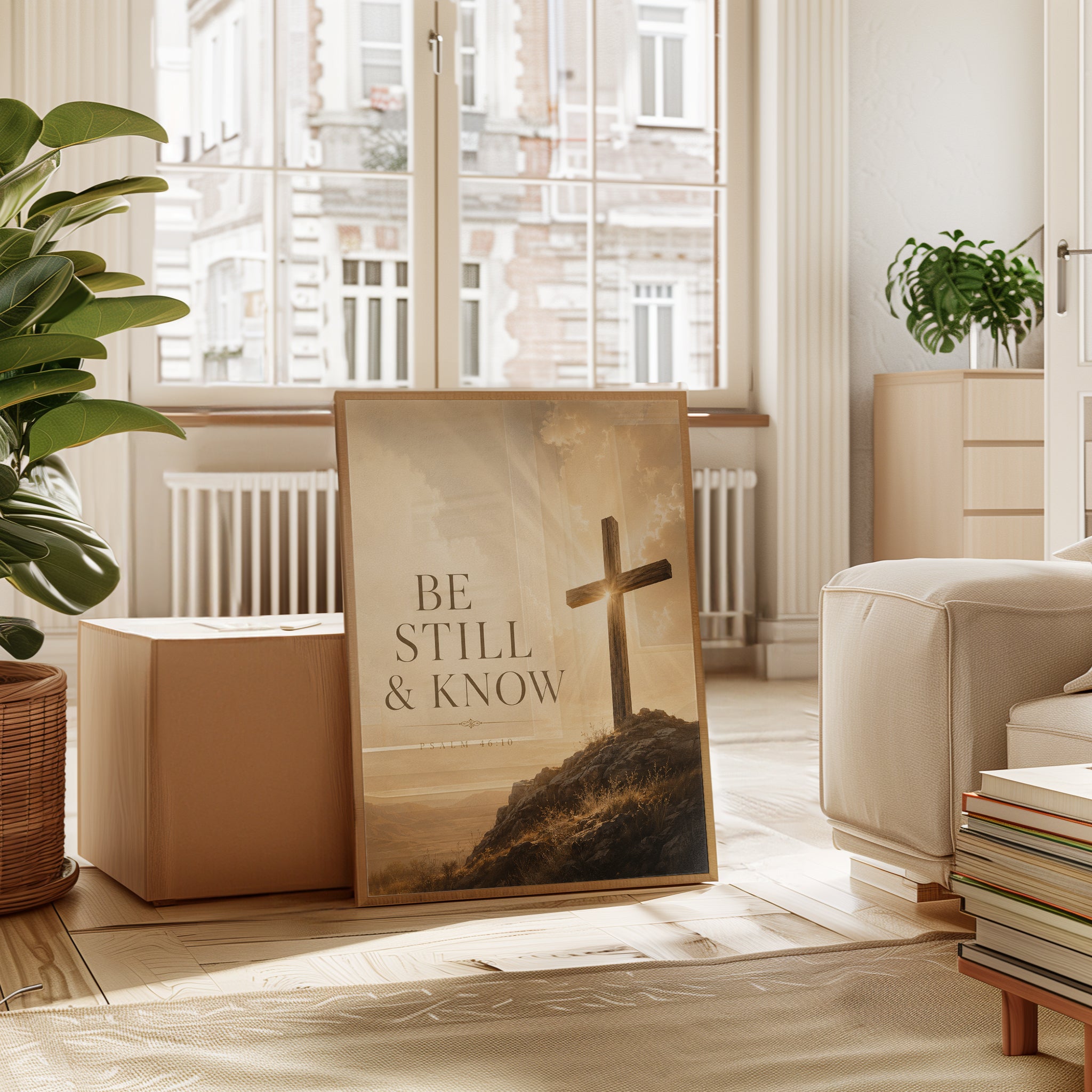 Be Still and Know Cross Art Print: Sepia Faith Wall Art - interior