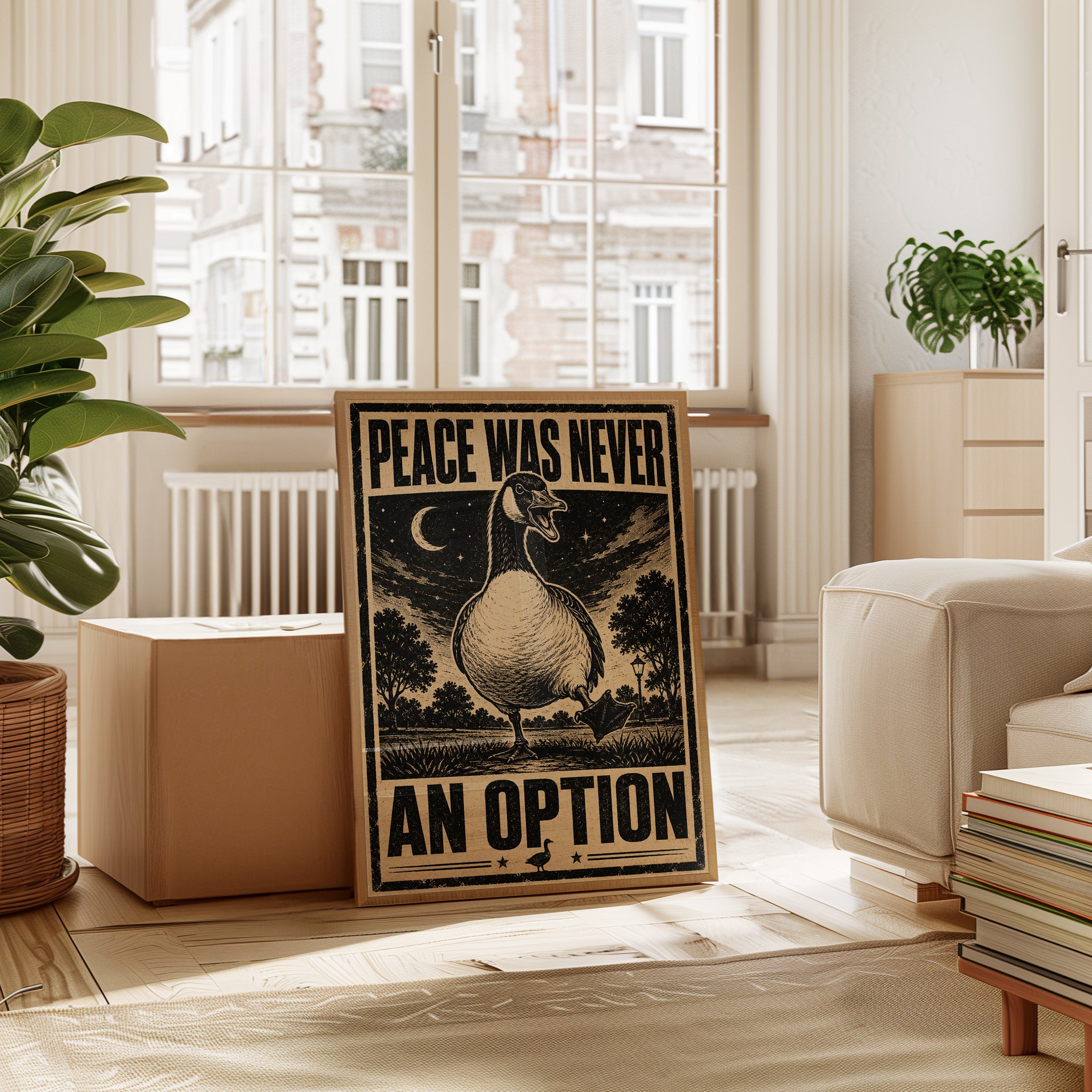 Goose Propaganda Print: Vintage 'Peace Was Never An Option' - interior