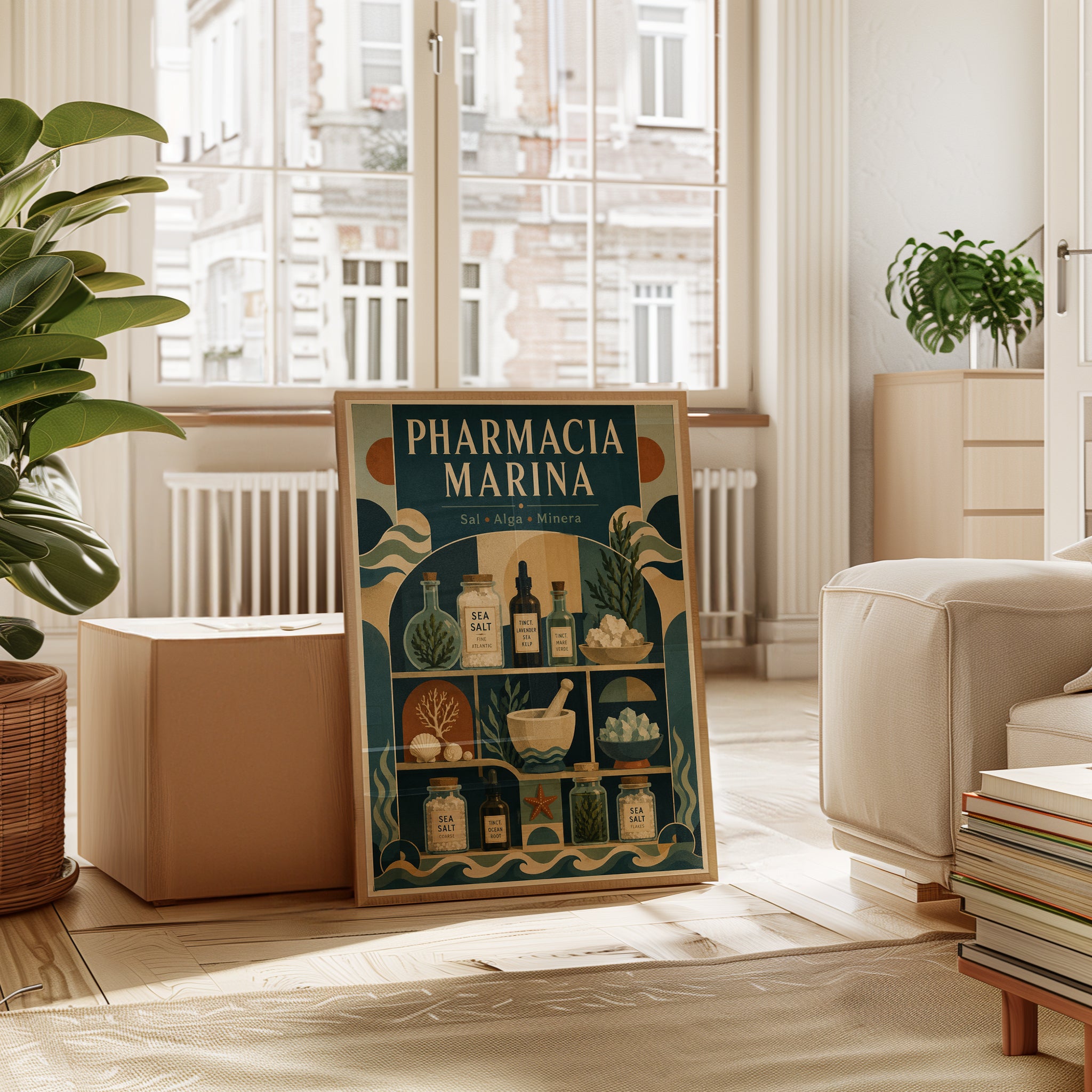 Coastal Apothecary Print: Vintage Pharmacy Art in Teal & Sage - interior