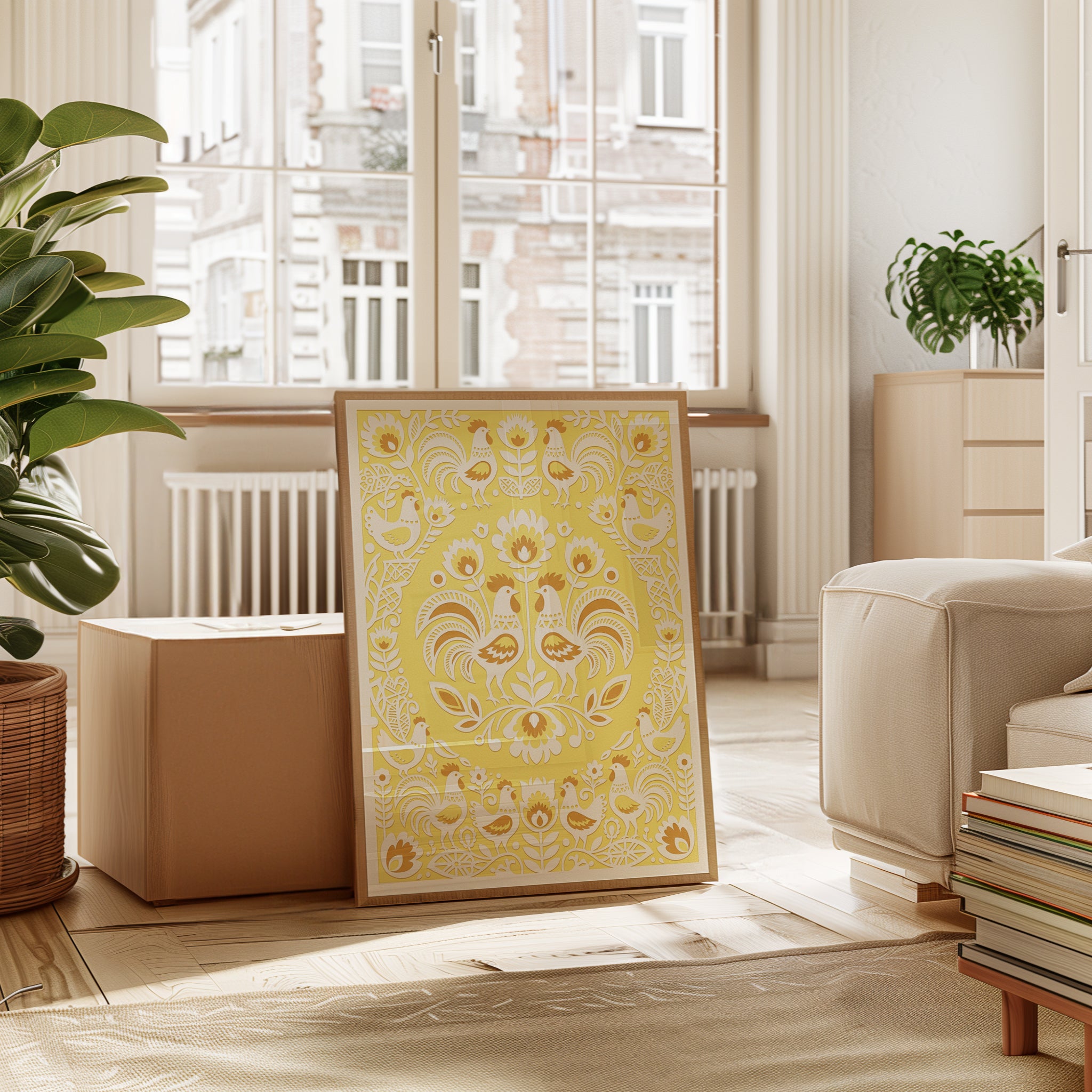 Folk Art Rooster Print: Yellow Scandinavian Pattern Design - interior