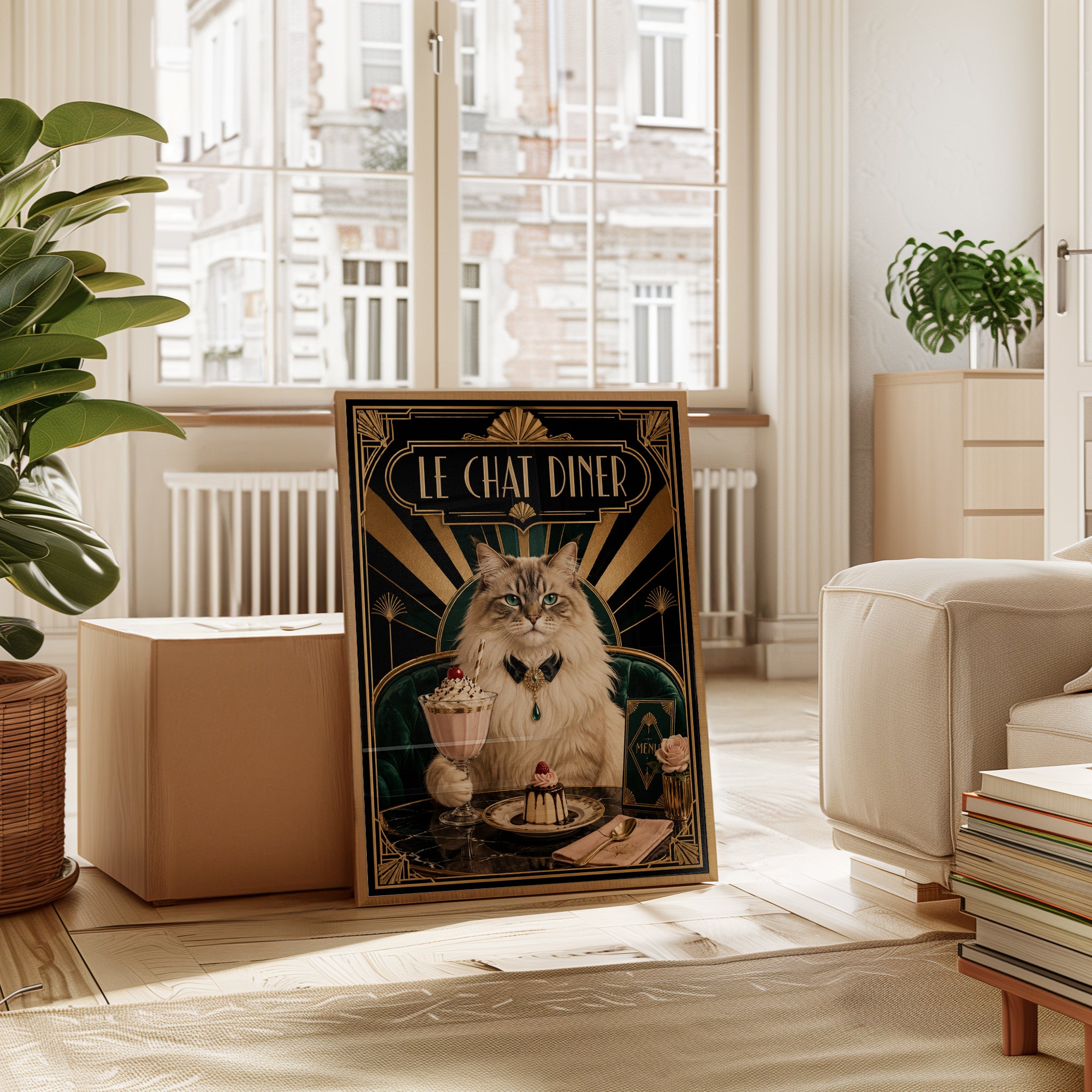 Le Chat Diner Art Deco Poster: Elegant Cat With Dessert Print - interior