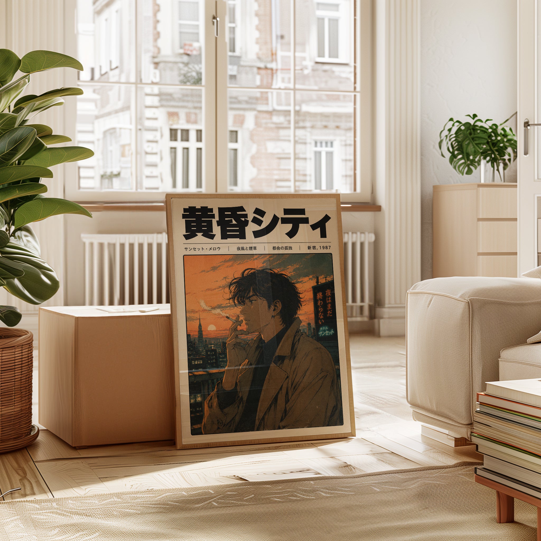 Retro Anime Cityscape Poster – 1980s Japanese Sunset Urban Wall Art - interior