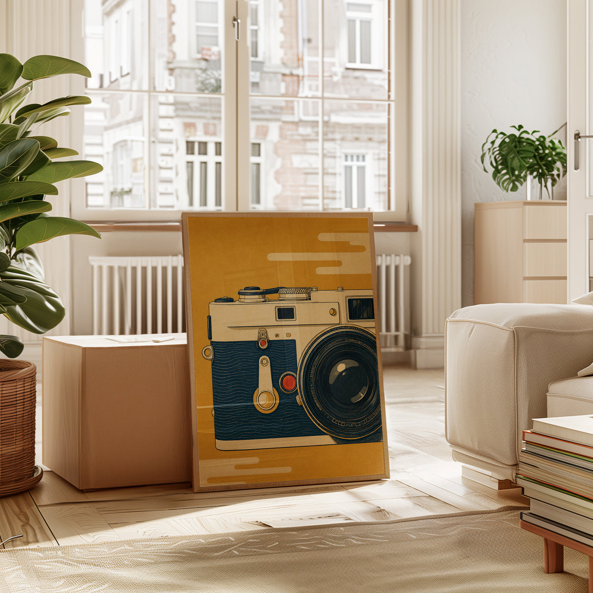 Vintage Leica Camera Print: Retro Mid-Century Art in Mustard Yellow - interior