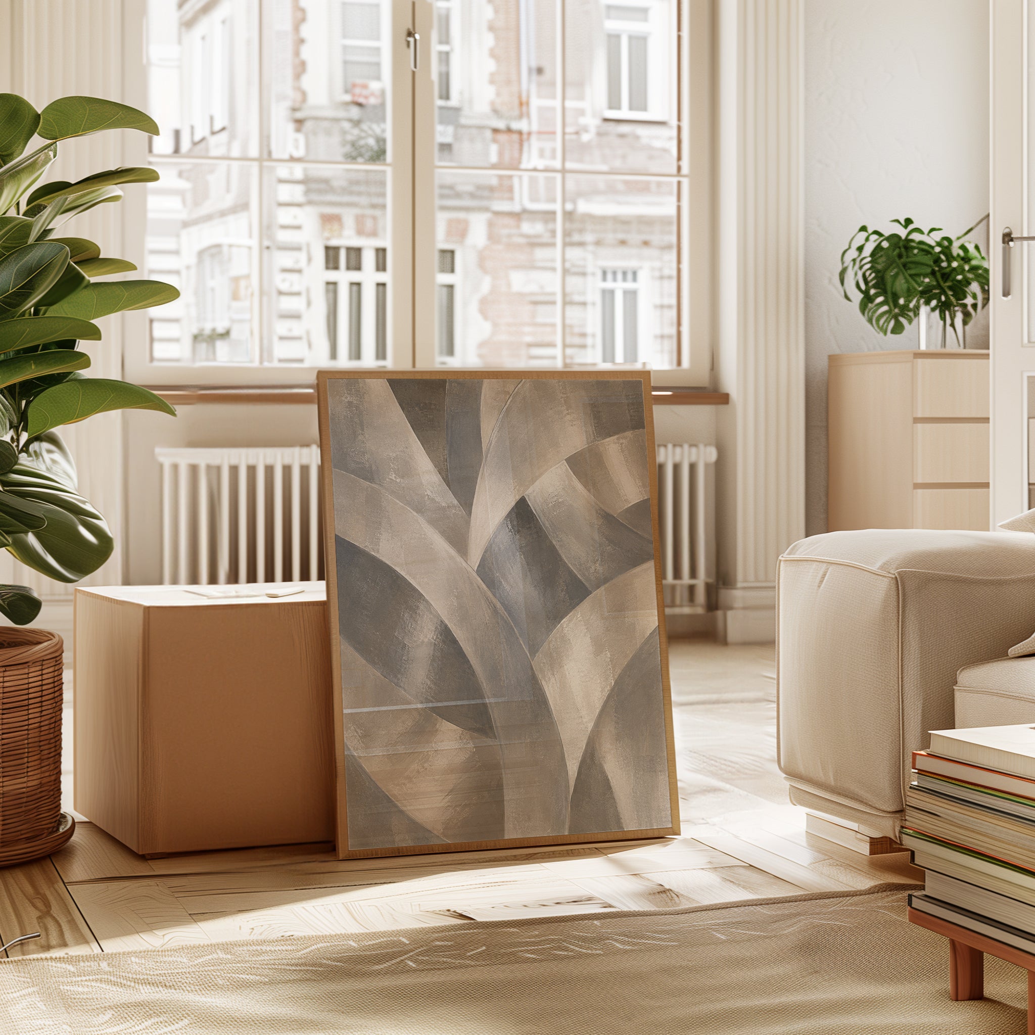 Abstract Curved Ribbons Wall Art: Neutral Beige and Gray Forms - interior