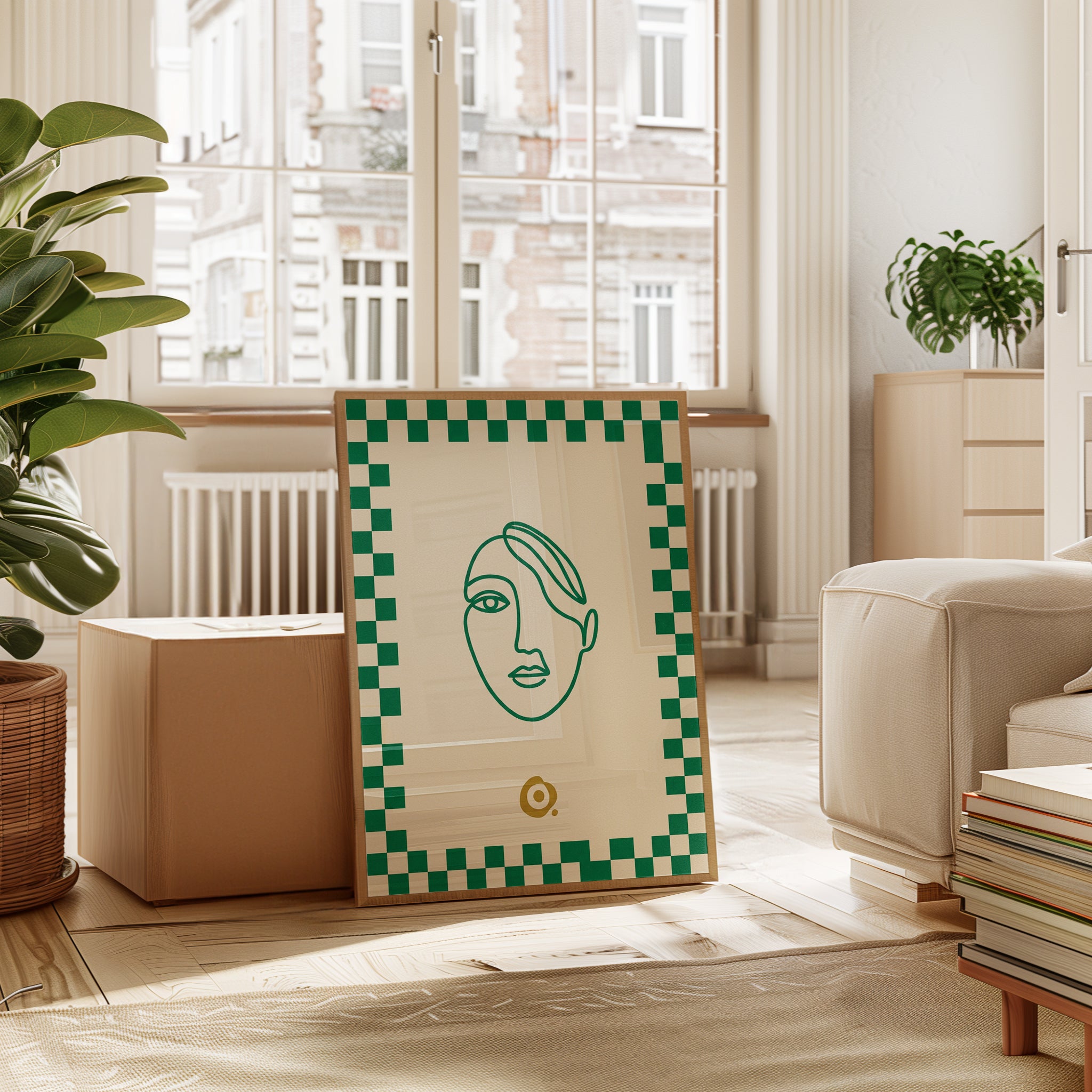 Minimalist Line Art Face Print: Green Geometric Portrait Poster - interior