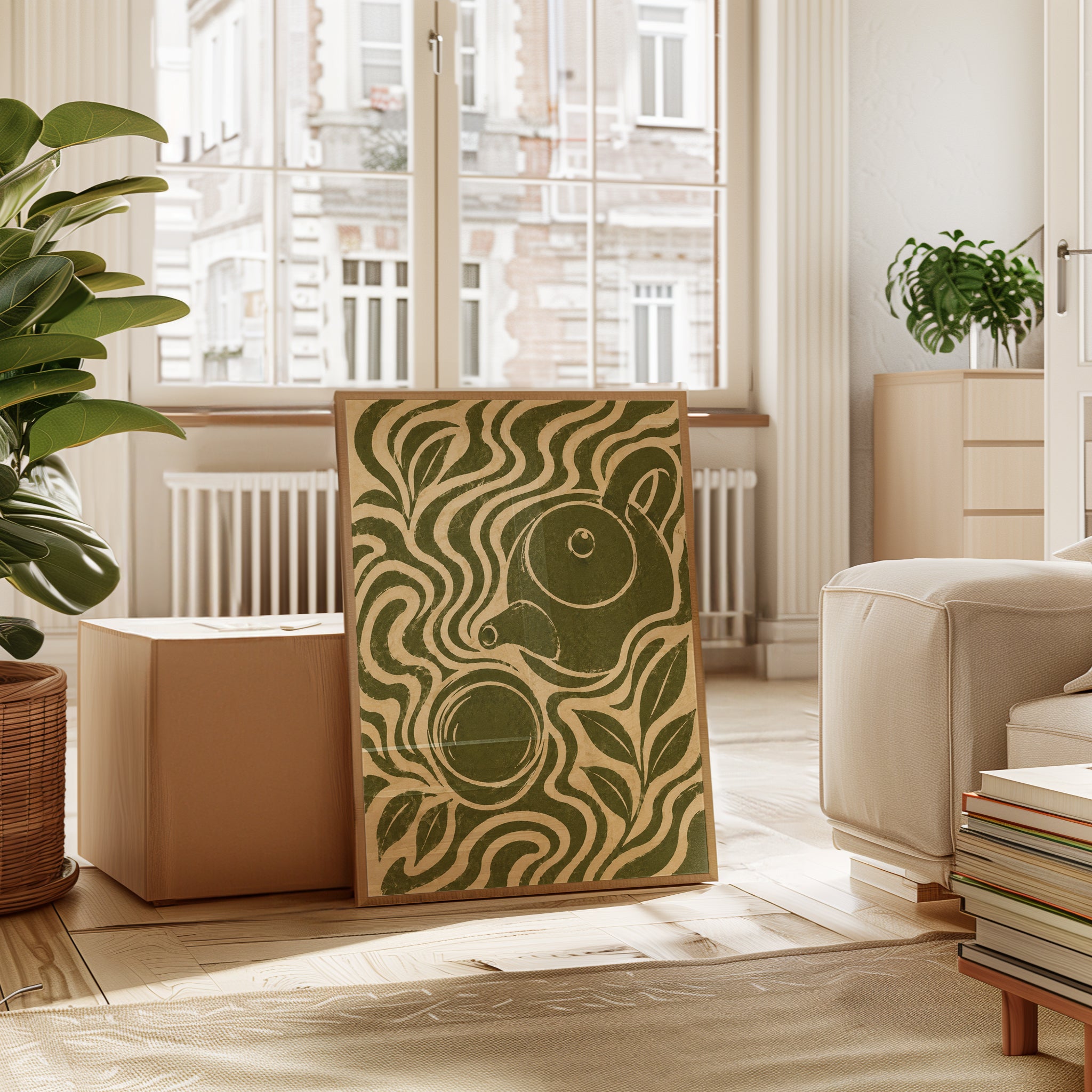 Art Nouveau Bird Print: Olive Green Decorative Design - interior