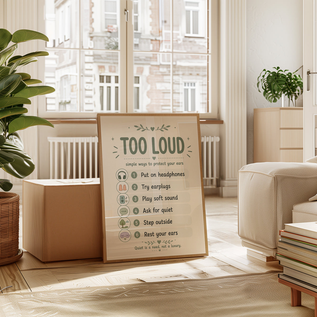 Too Loud Sensory Guide Print: Sage Green Self-Care Wall Art - interior