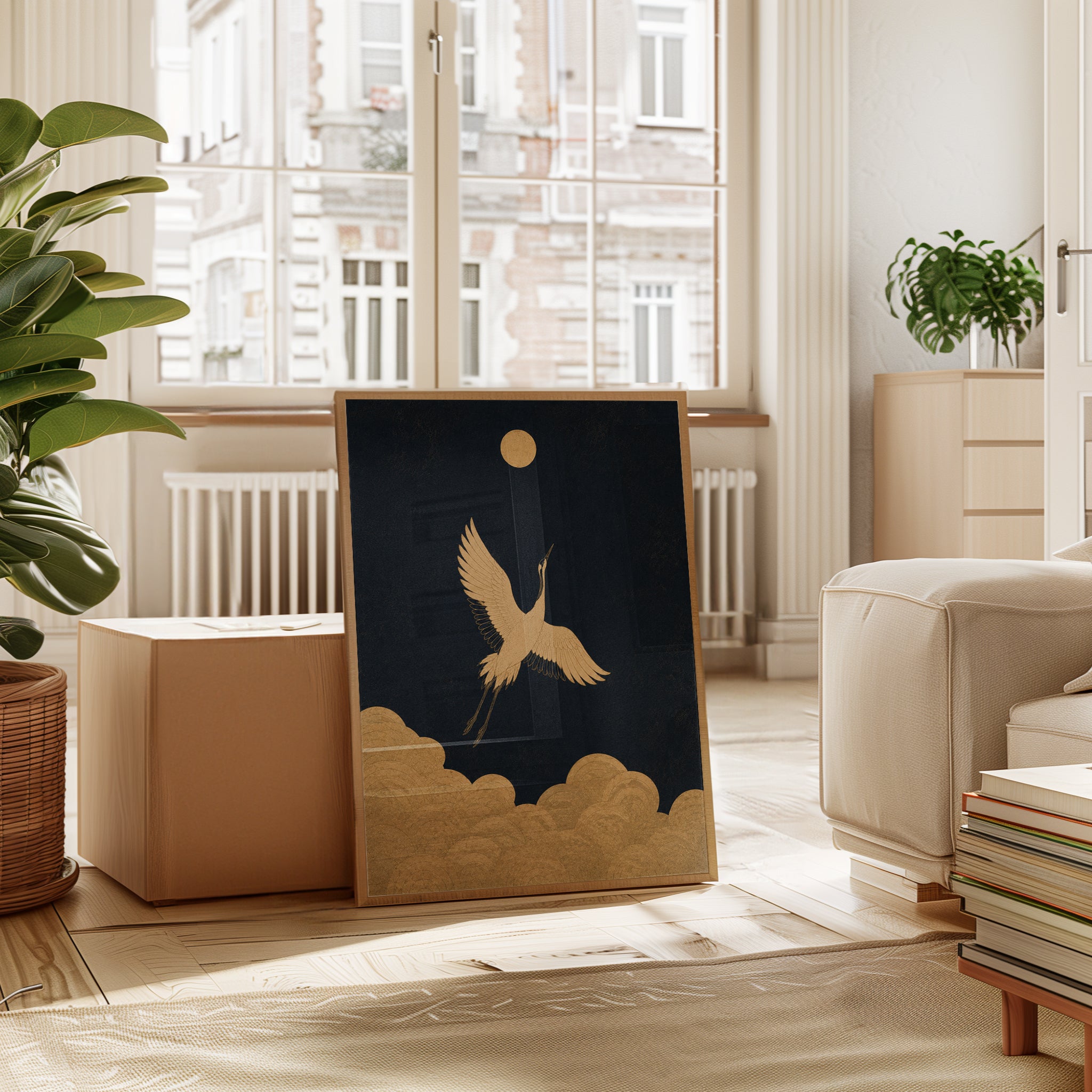 Crane Wall Art: Japanese Inspired Gold and Navy - interior