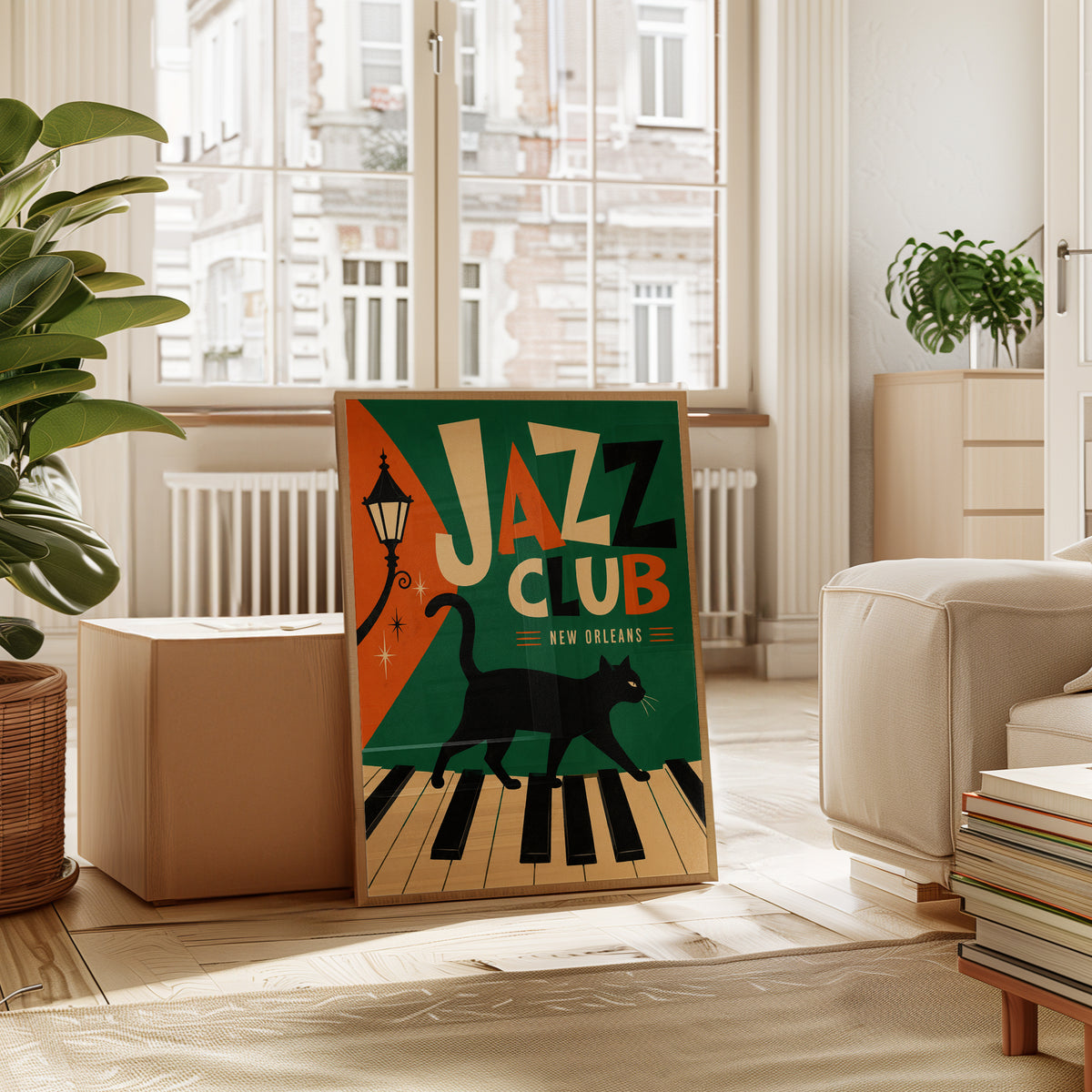 Jazz Club Art Print: Vintage Cat on Piano Keys - interior