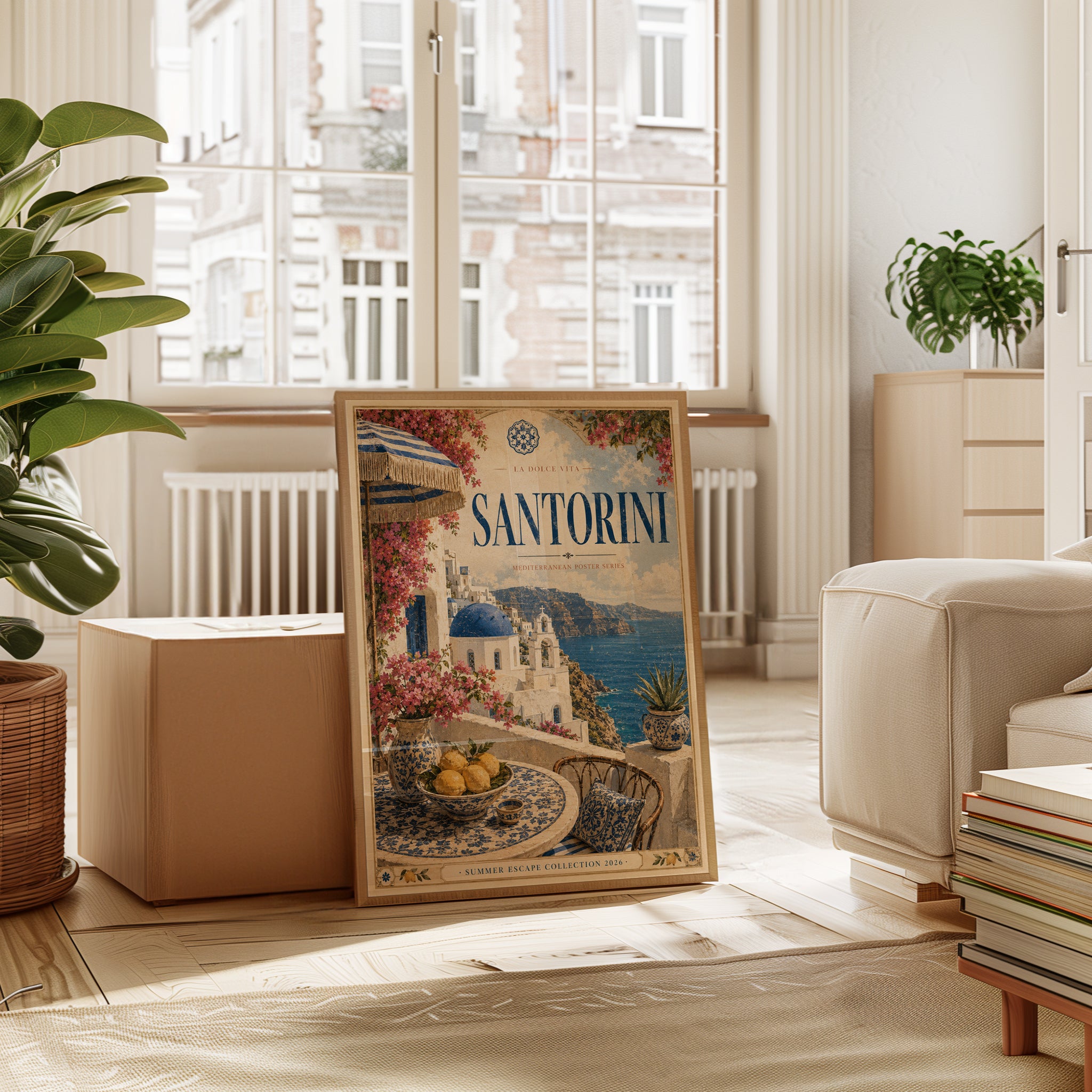 Santorini Travel Poster Print — Vintage Mediterranean Style - interior