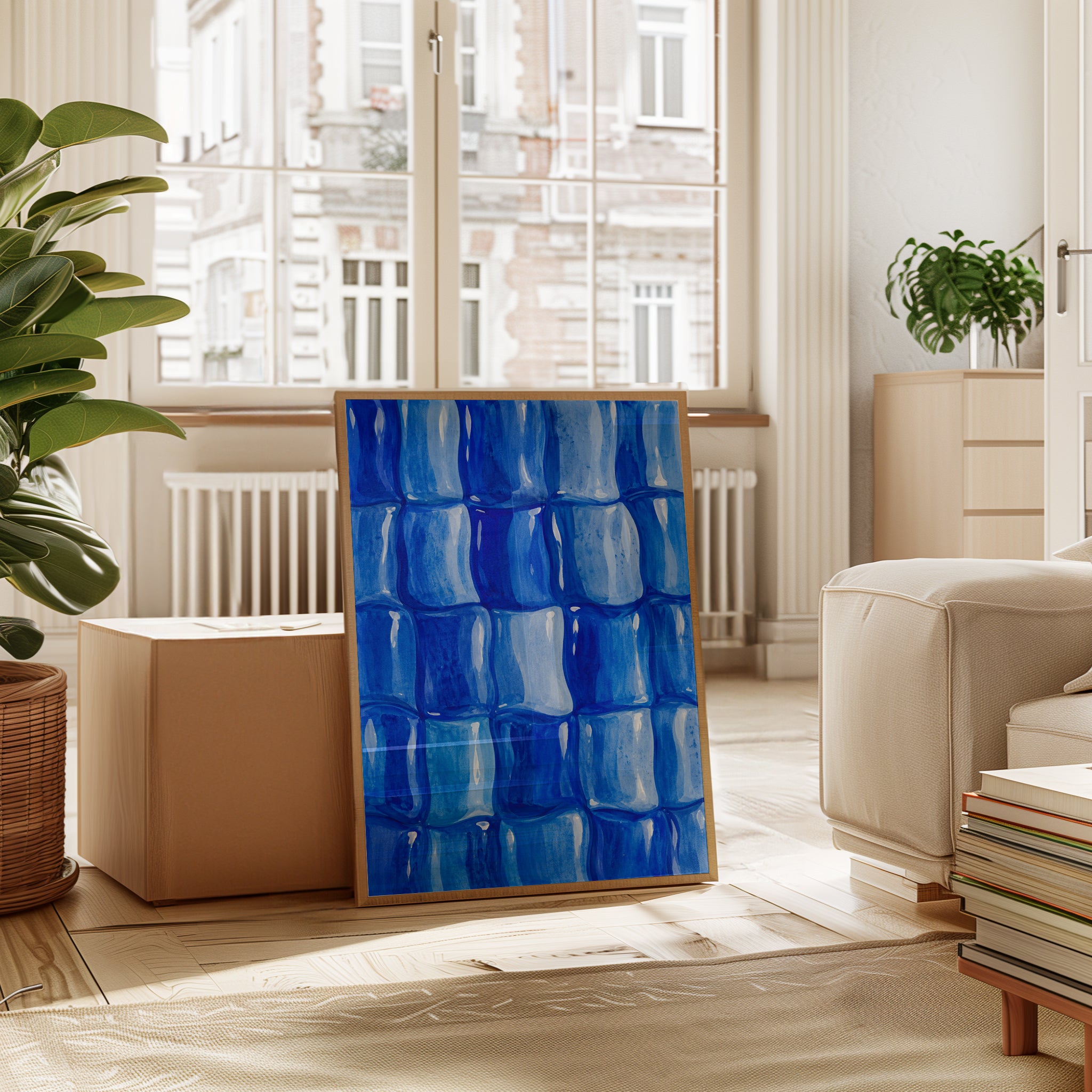 Blue Tile Wall Art – Abstract Geometric Print - interior