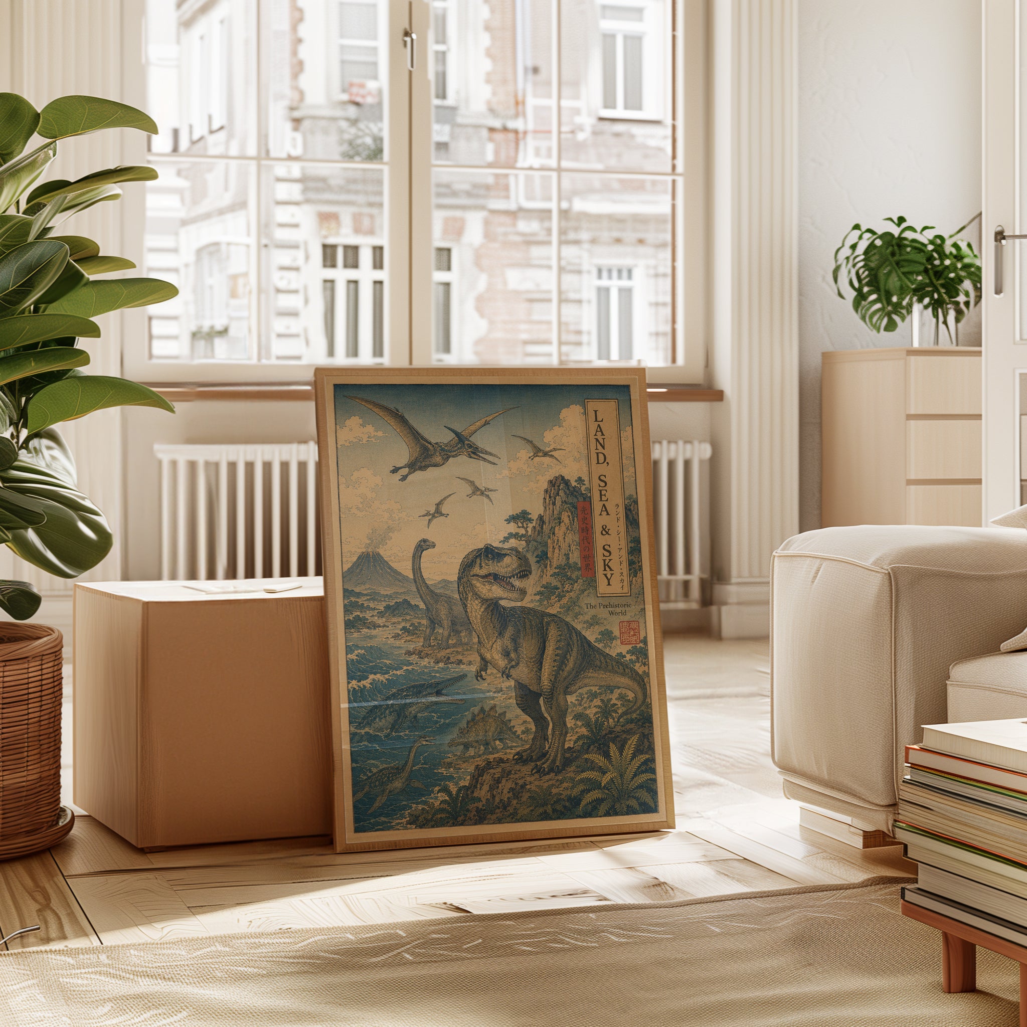 Dinosaur Landscape Art Print: Japanese Ukiyo-e Style Poster - interior