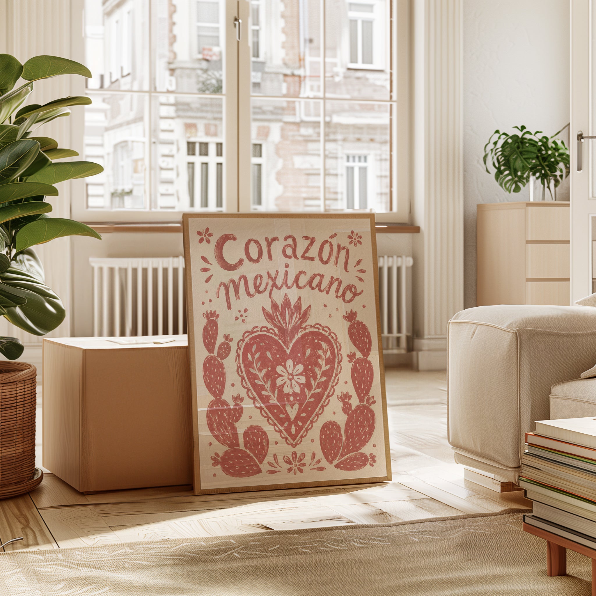 Corazon Mexicano Folk Art Print: Red Heart and Cactus Design - interior
