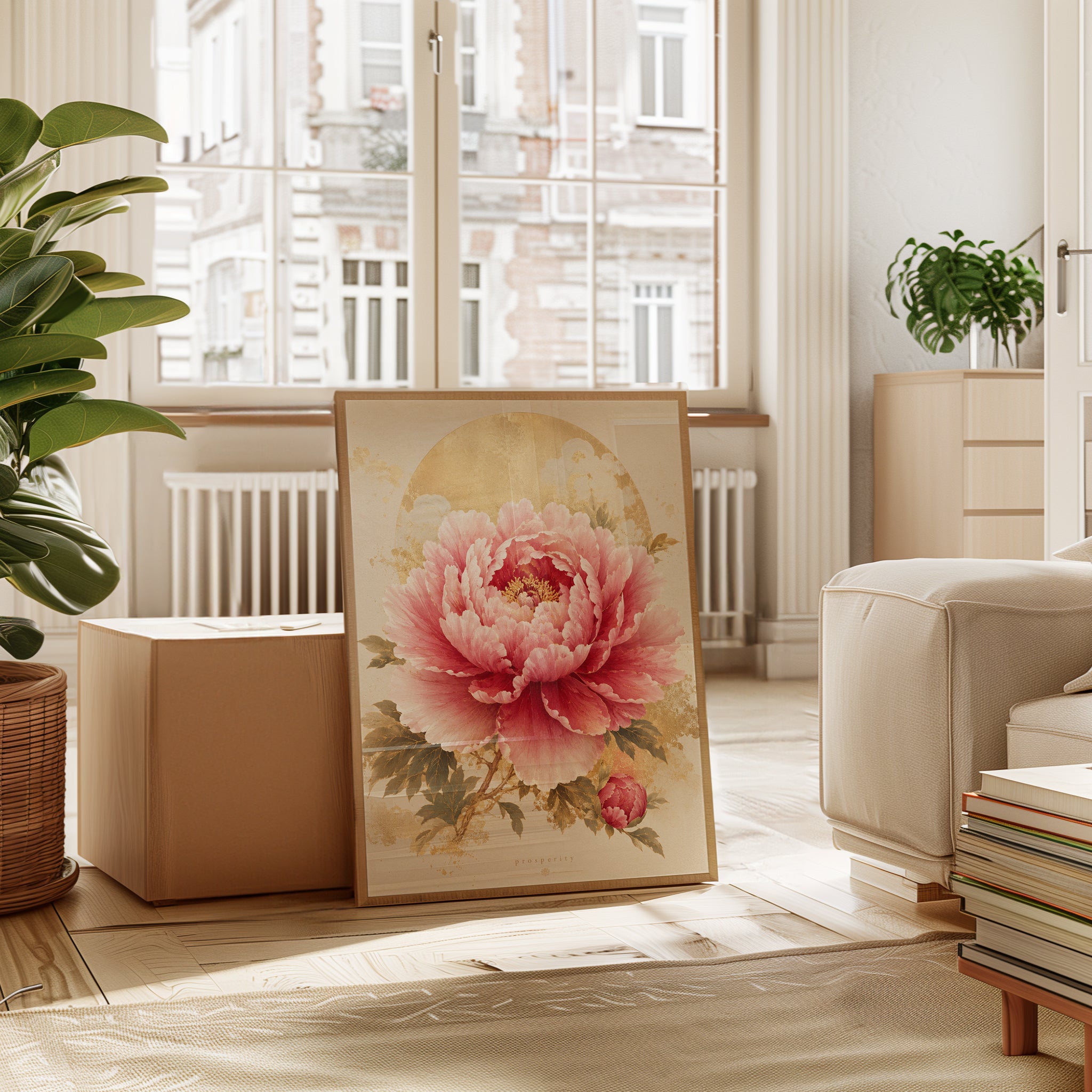 Peony Wall Art – Gold Leaf Floral Print - interior