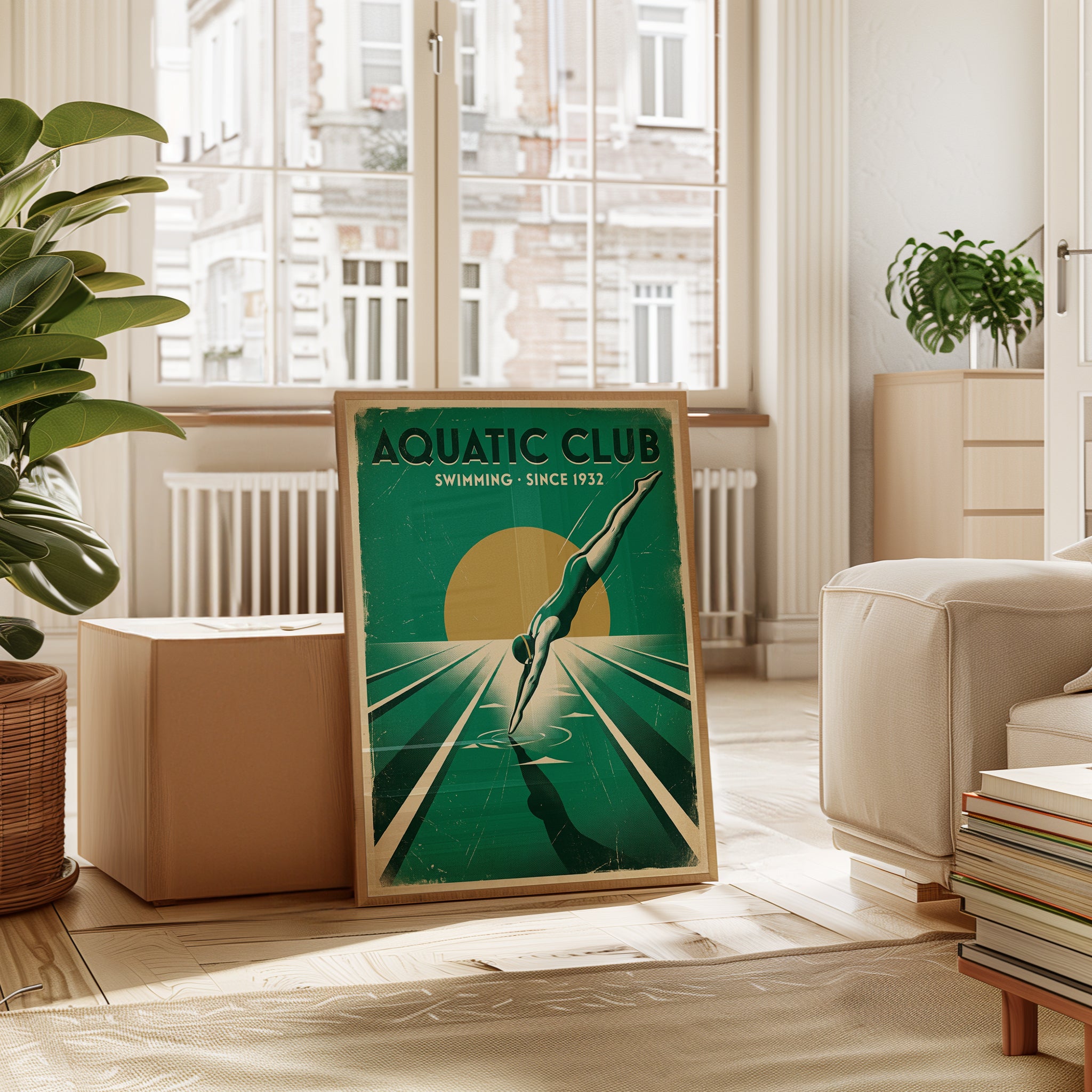 Art Deco Swimming Poster – Vintage Aquatic Club Diver Print - interior