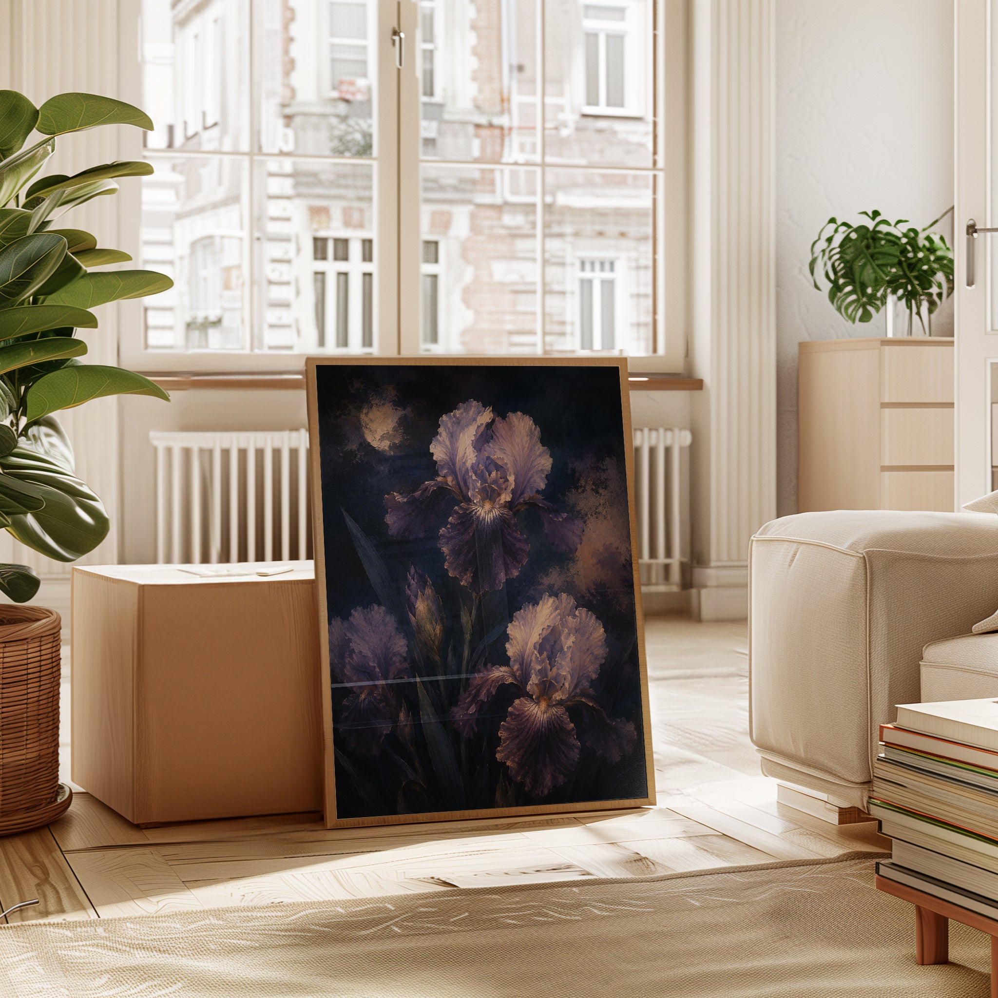 Purple Iris Wall Art – Dark Floral Print - interior