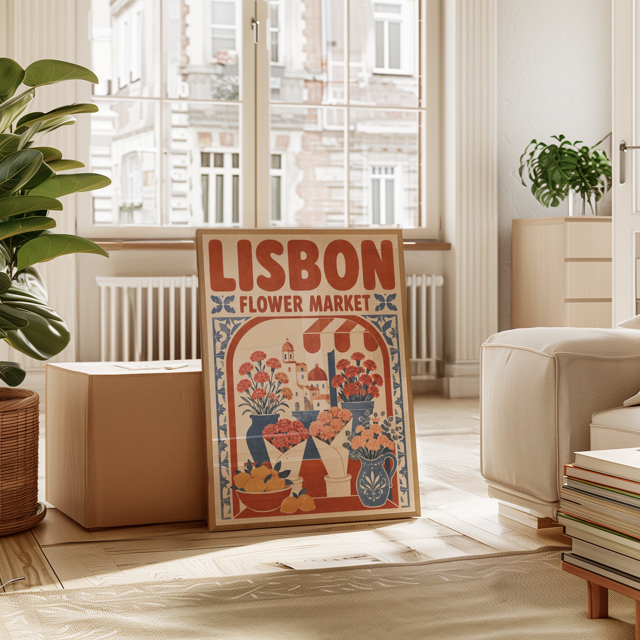 Flower Market Wall Art: Lisbon Travel Poster (Terracotta & Blue Tones) - interior