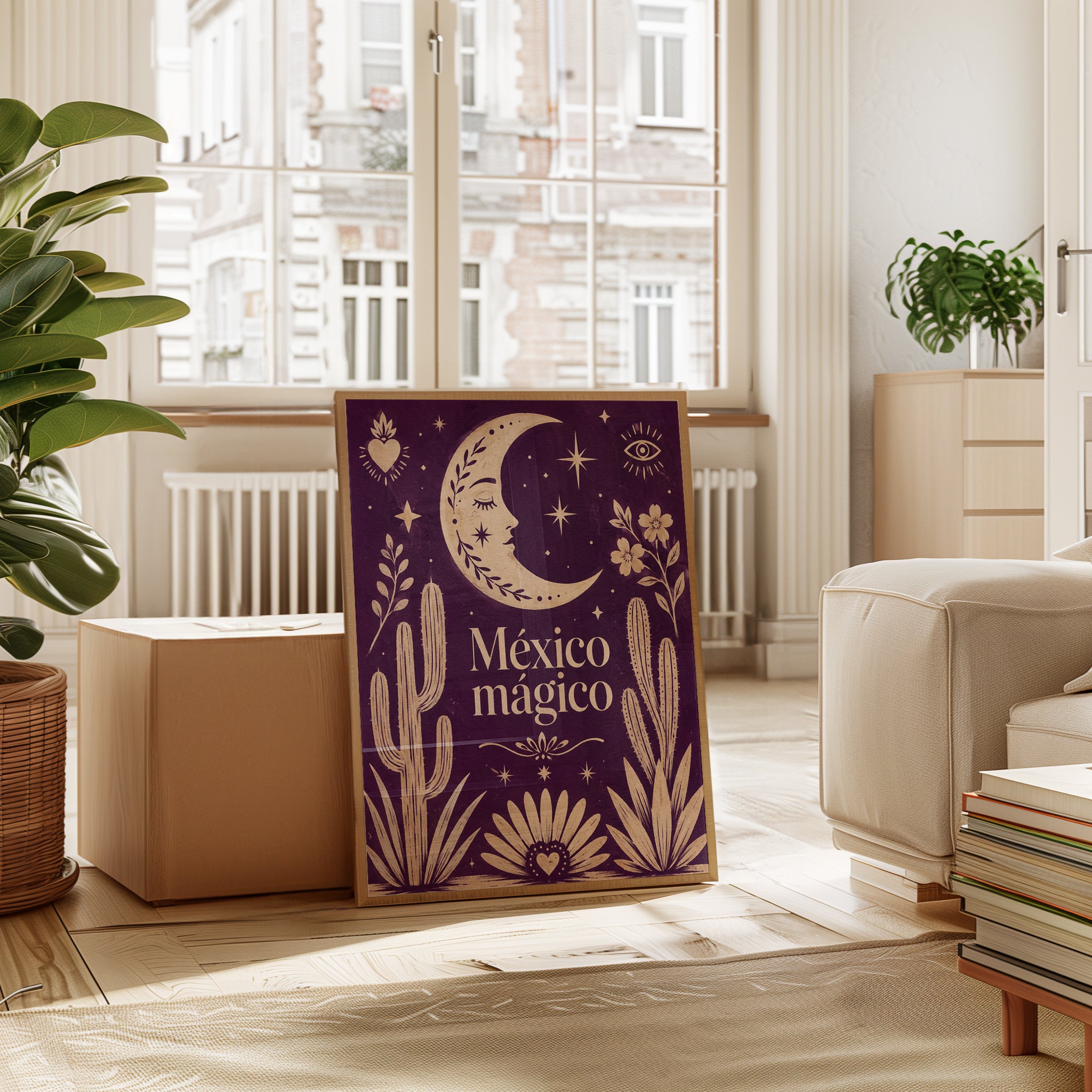 México Mágico Moon Art Print: Purple Folk Art Desert Poster - interior
