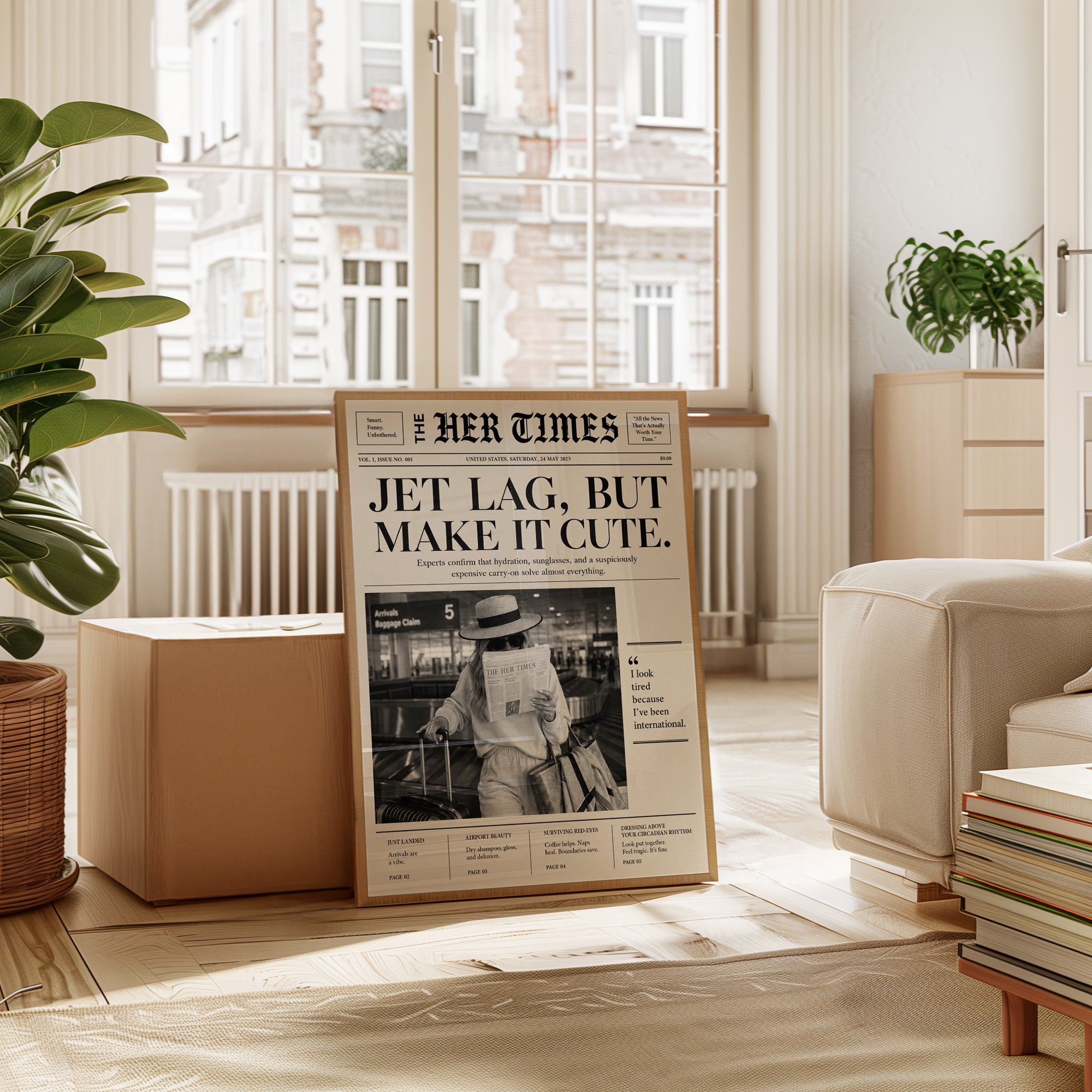 Jet Lag Travel Newspaper Print: Vintage Black and White Art - interior