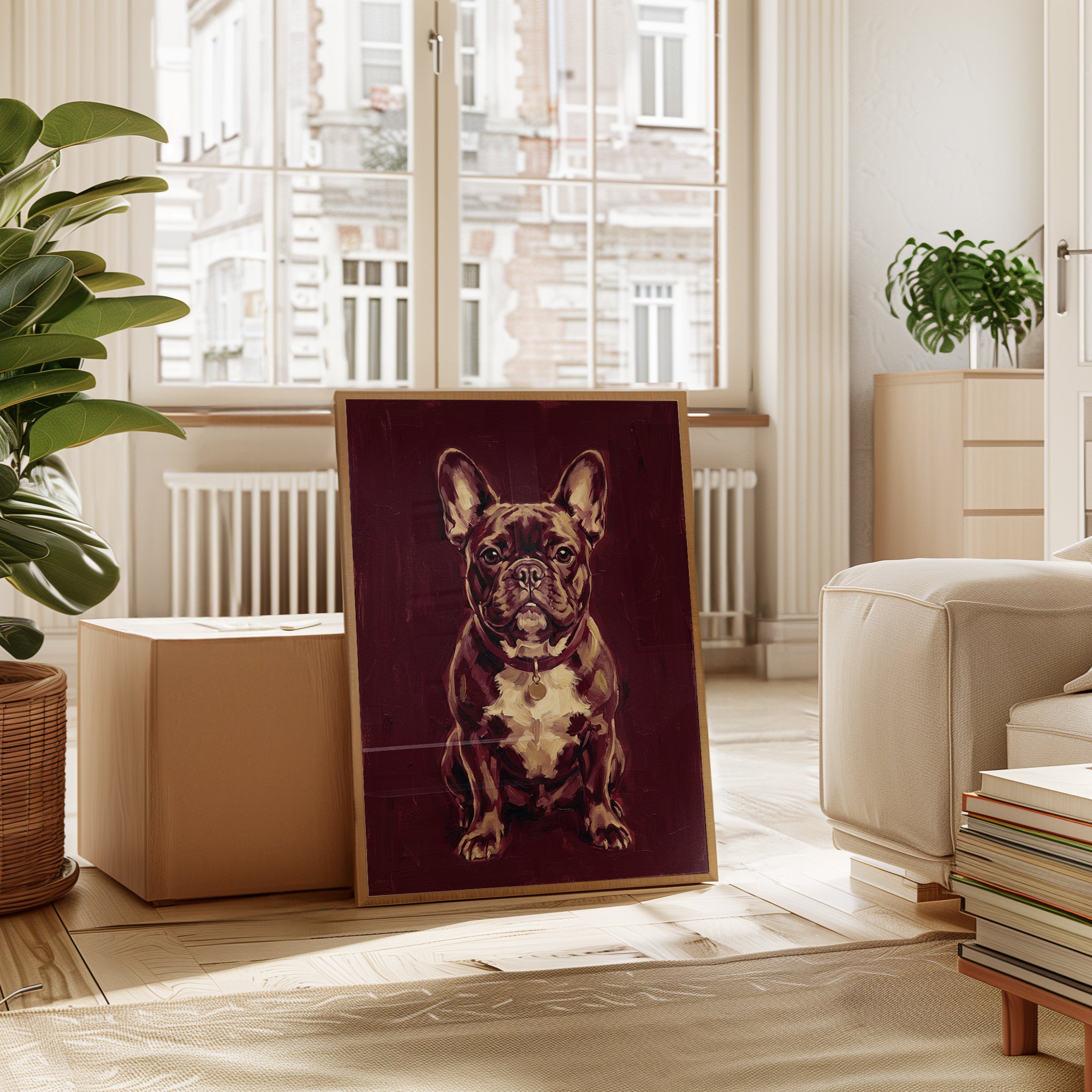French Bulldog Portrait Art Print: Burgundy Dog Wall Art - interior