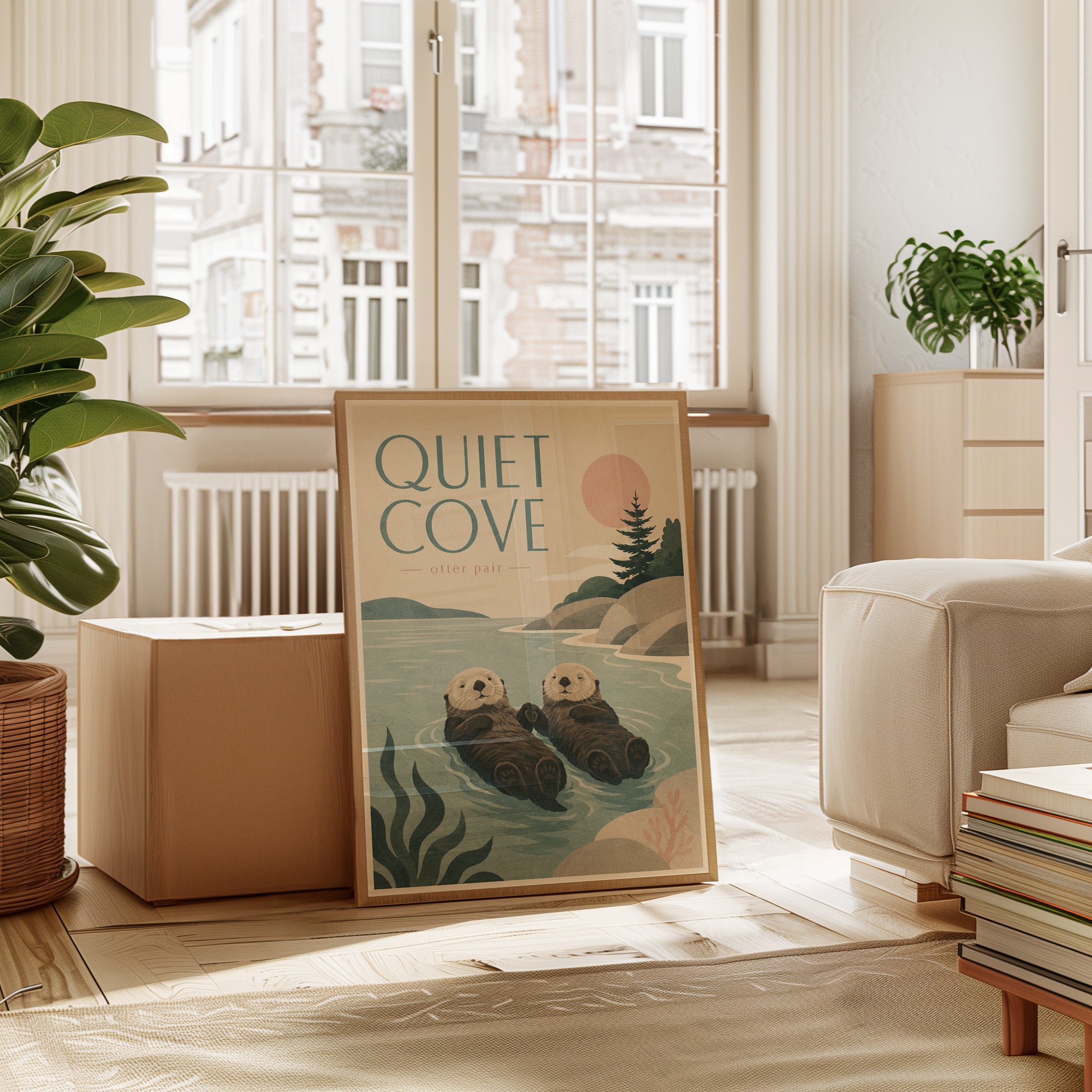 Quiet Cove Otter Pair Art Print: Vintage Coastal Wildlife Poster - interior