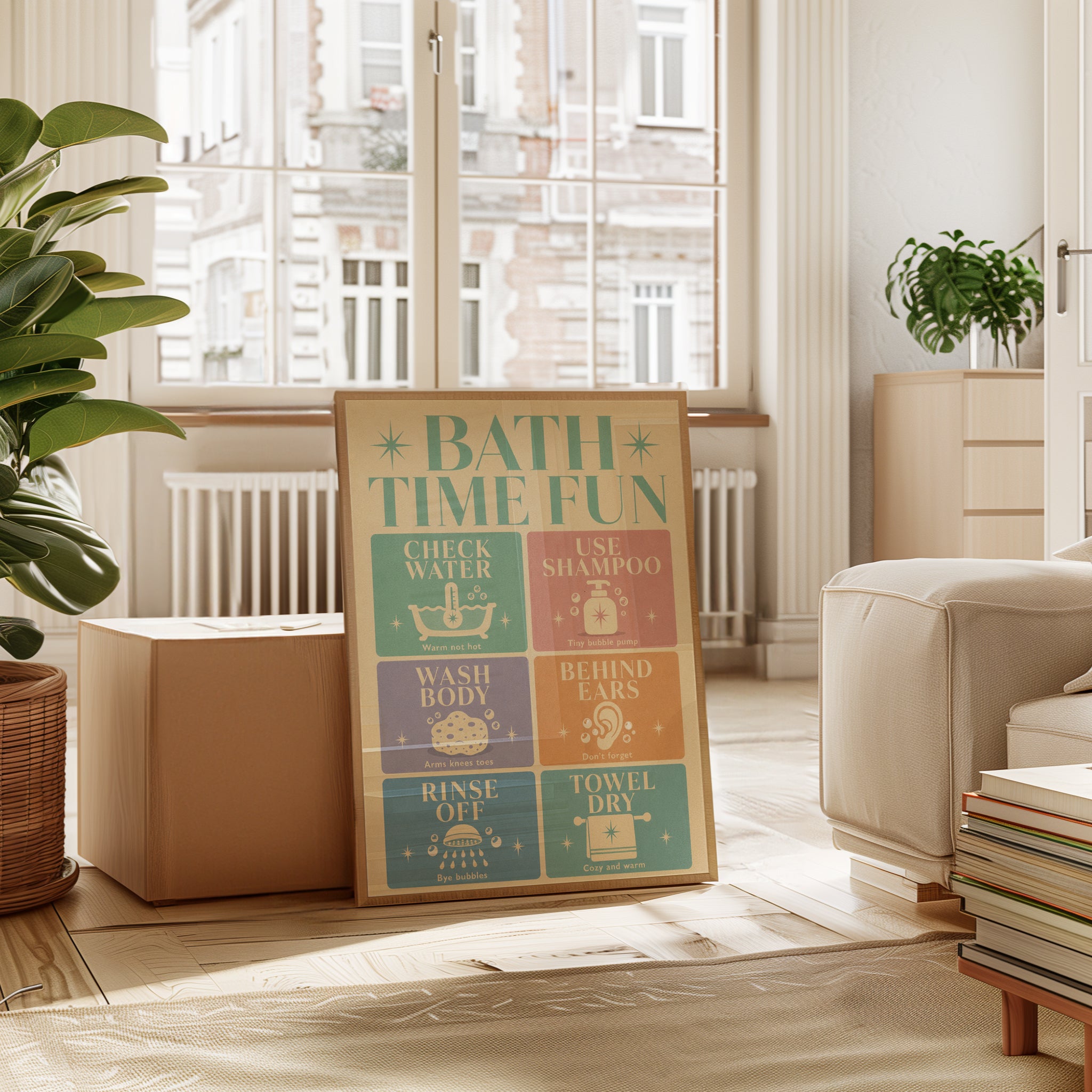 Bath Time Fun Print: Retro Kids Bathroom Guide (Nursery Wall Art) - interior