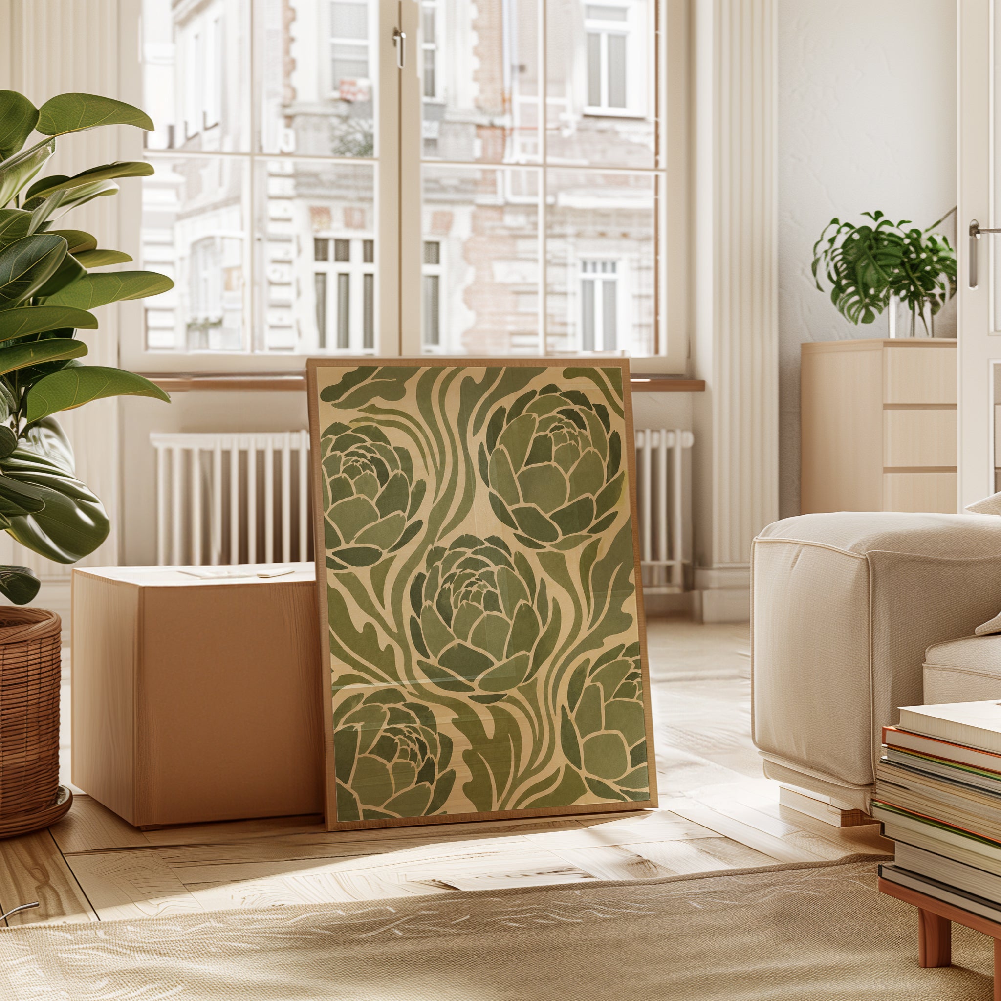 Art Nouveau Lotus Flowers: Green Botanical Poster - interior