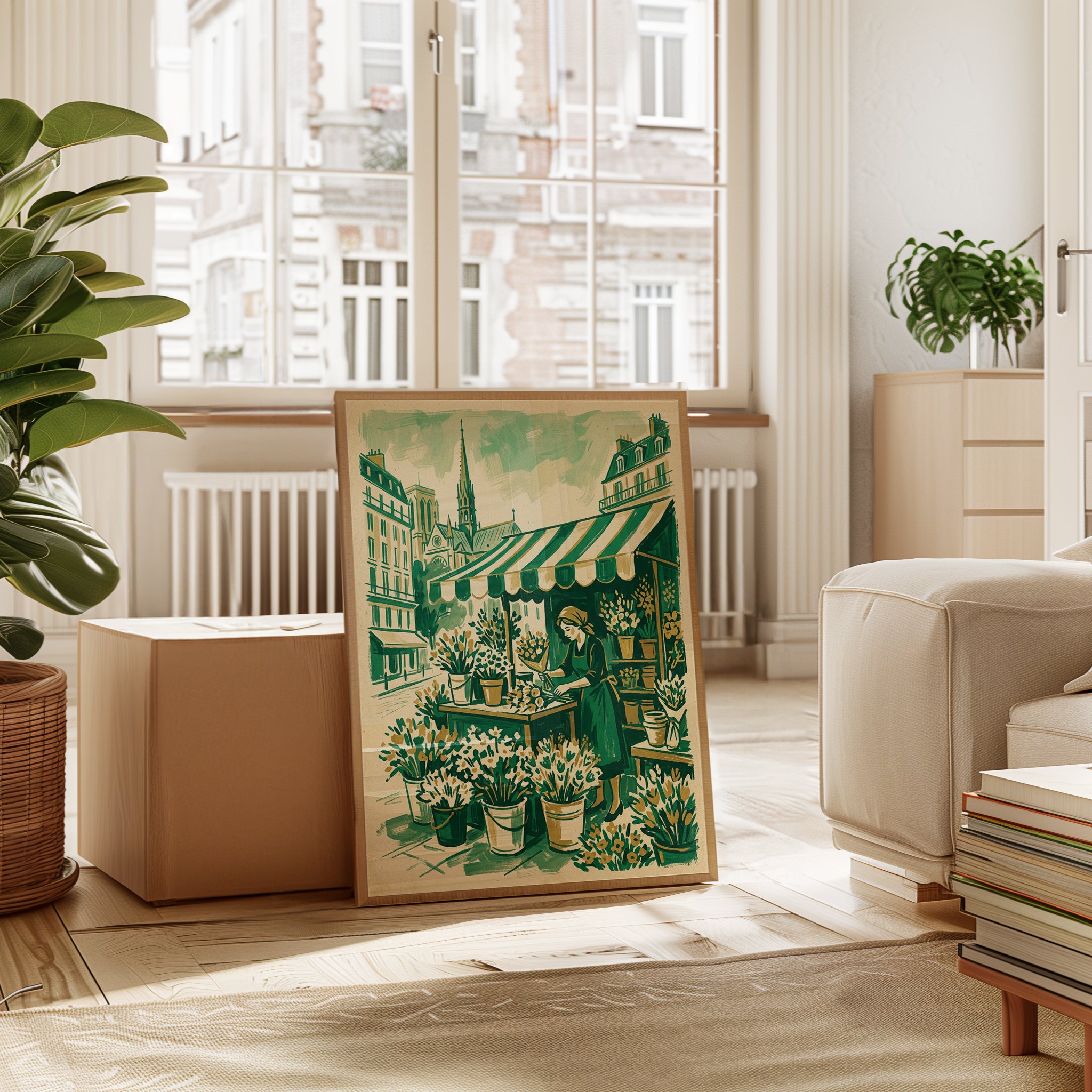 Paris Flower Shop Art Print: Vintage Green Botanical Illustration - interior
