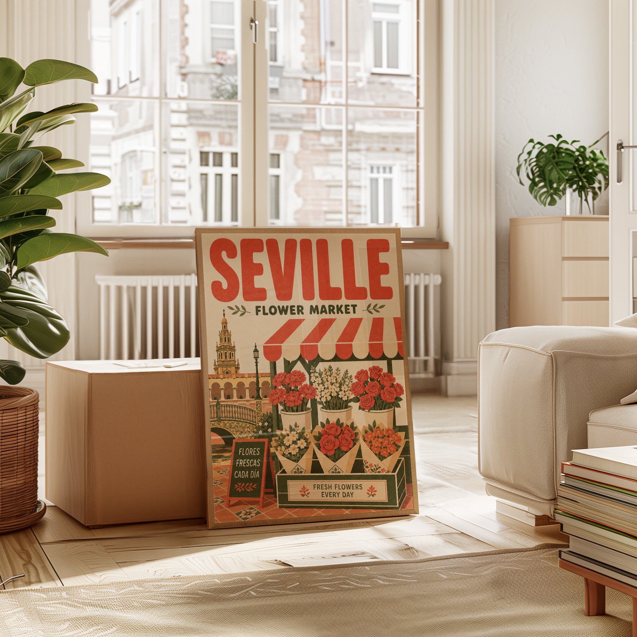Seville Flower Market Poster: Vintage Spanish Travel Art Print - interior