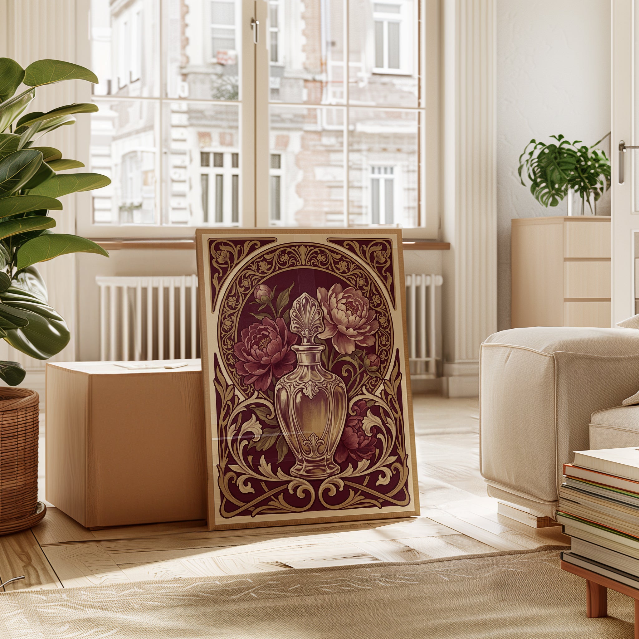 Art Nouveau Vase Print – Burgundy Gold Floral Urn - interior