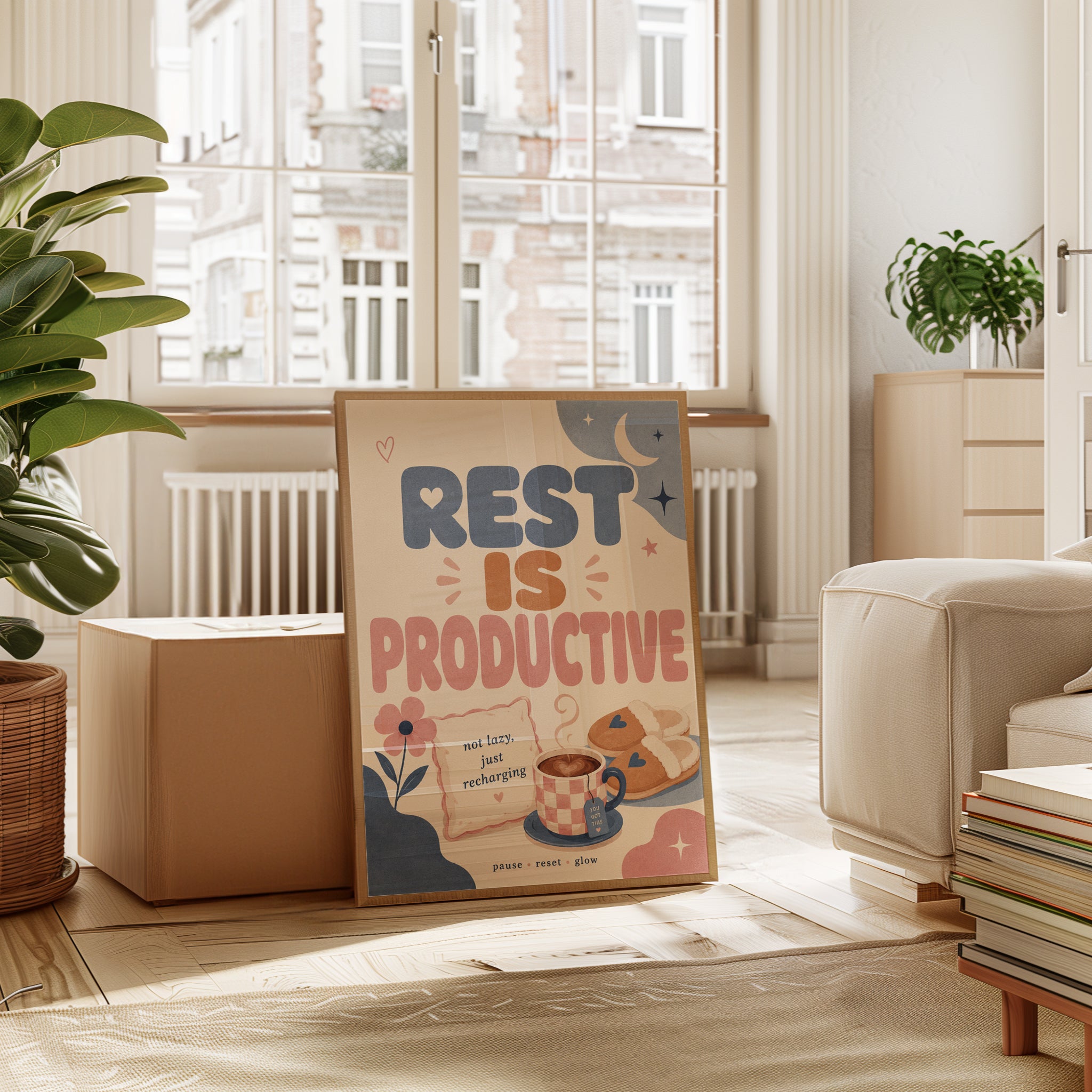 Rest is Productive Print: Cozy Self-Care Wall Art for Bedroom - interior