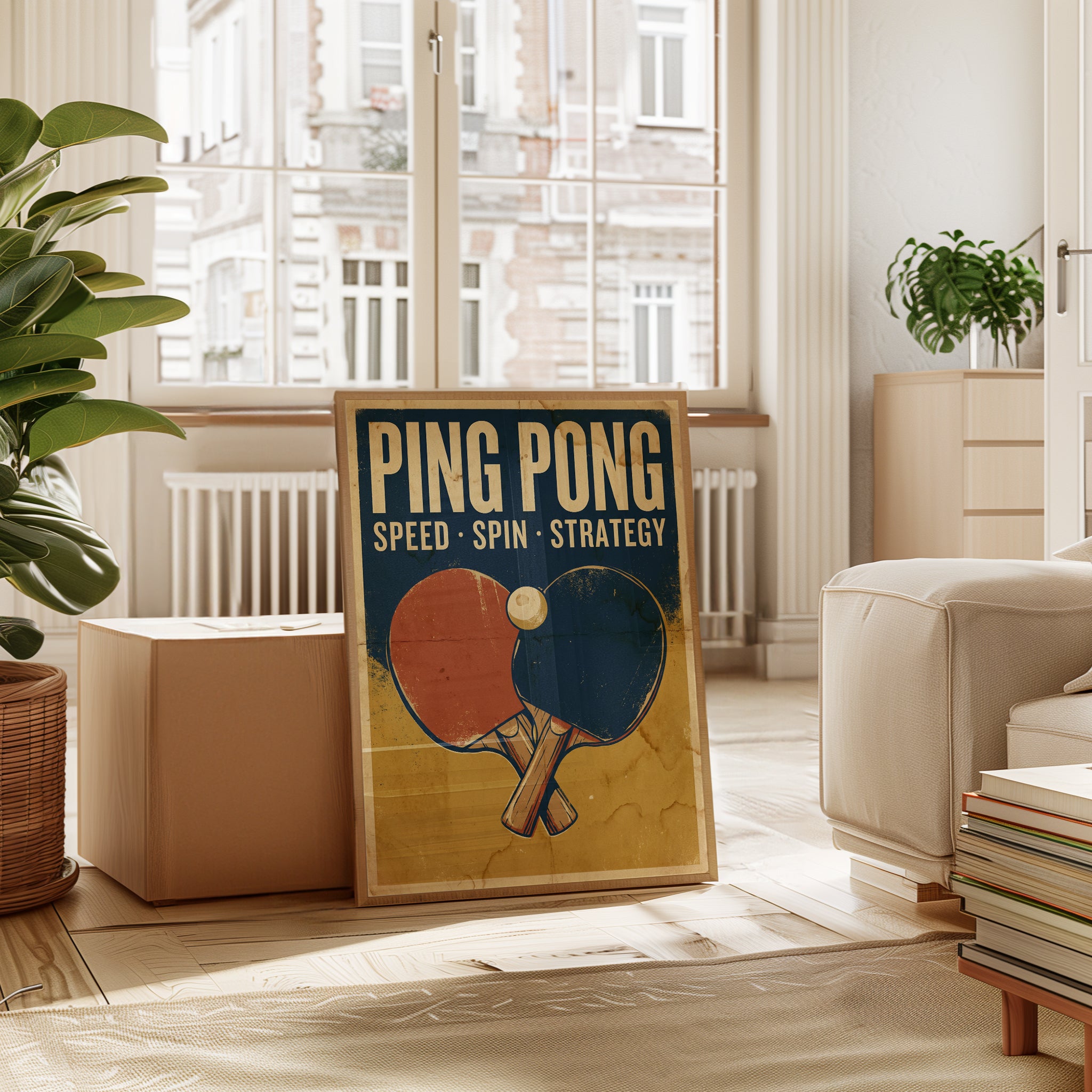 Ping Pong Poster: Vintage Sports Art in Navy and Orange - interior