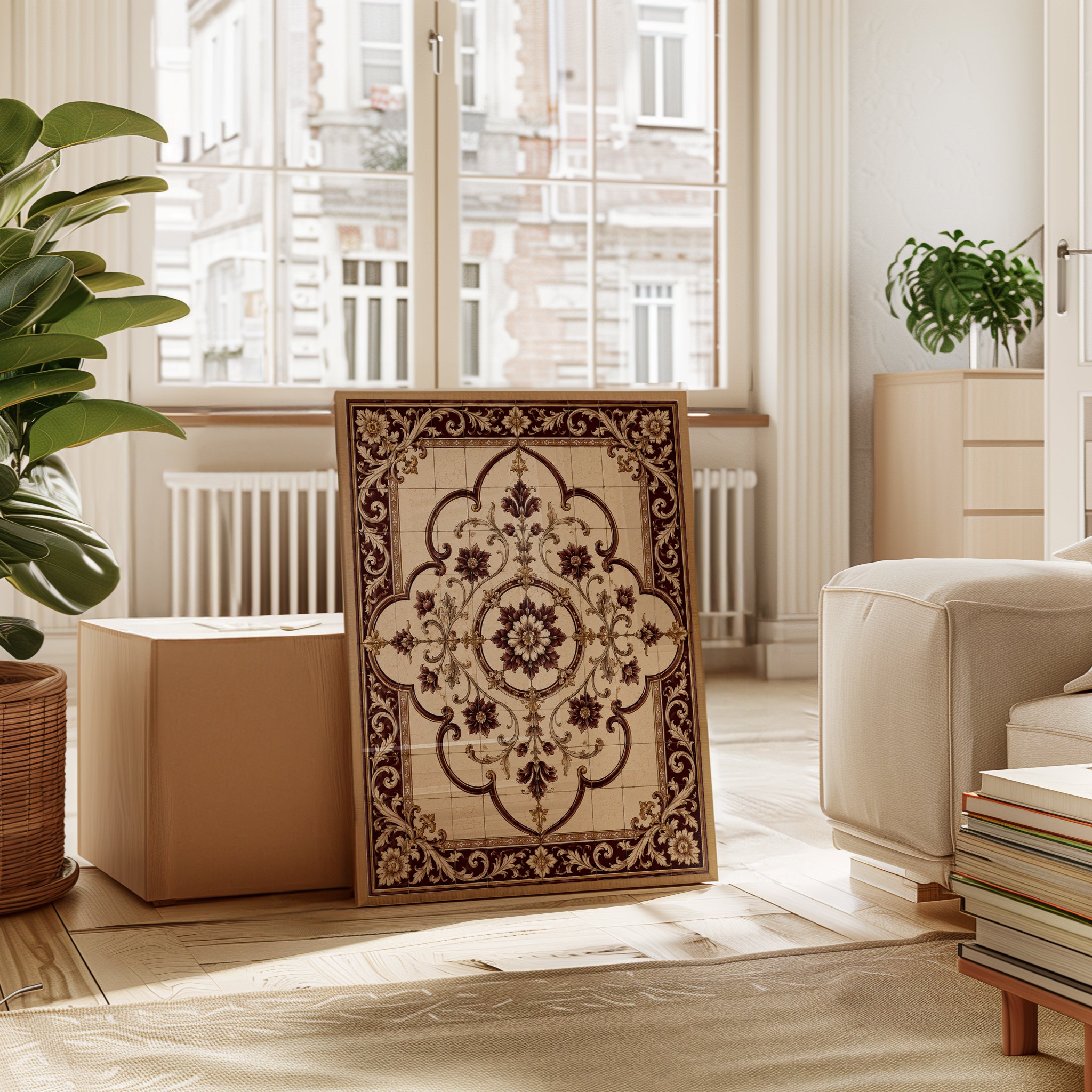 Baroque Floral Medallion Art Print: Ornate Brown and Gold Design - interior