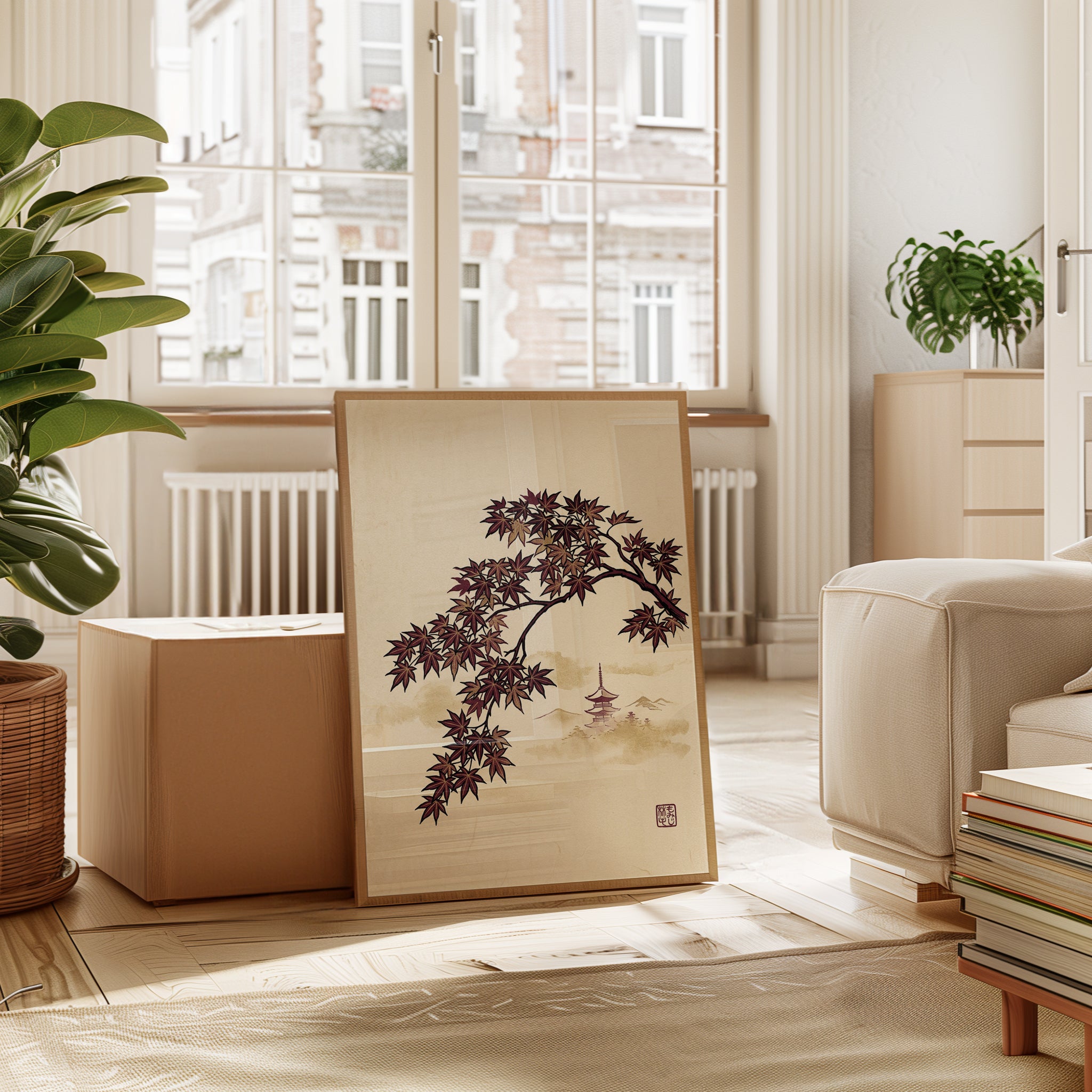 Japanese Maple and Pagoda Art Print: Traditional Asian Landscape - interior