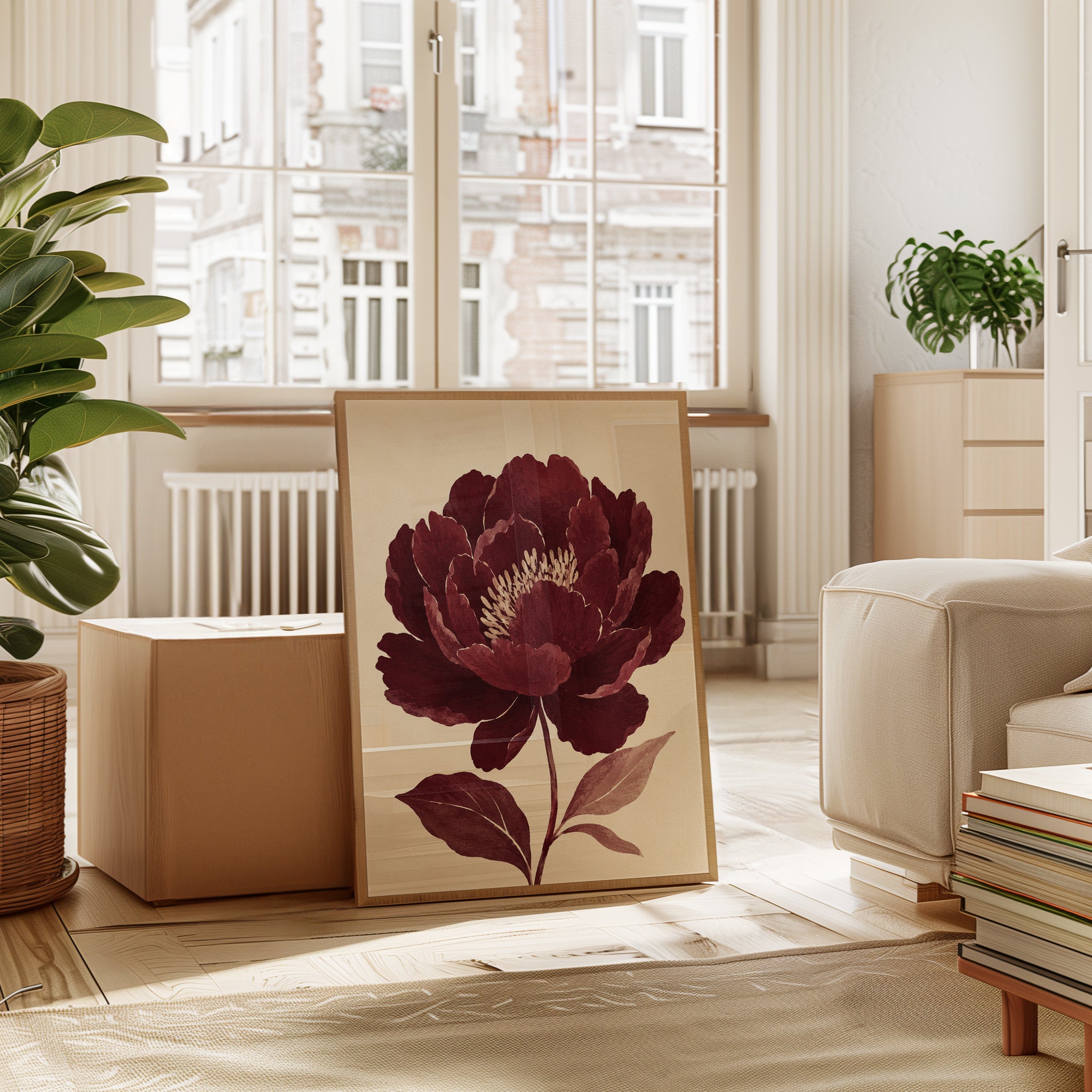 Burgundy Peony Wall Art – Vintage Botanical Print - interior