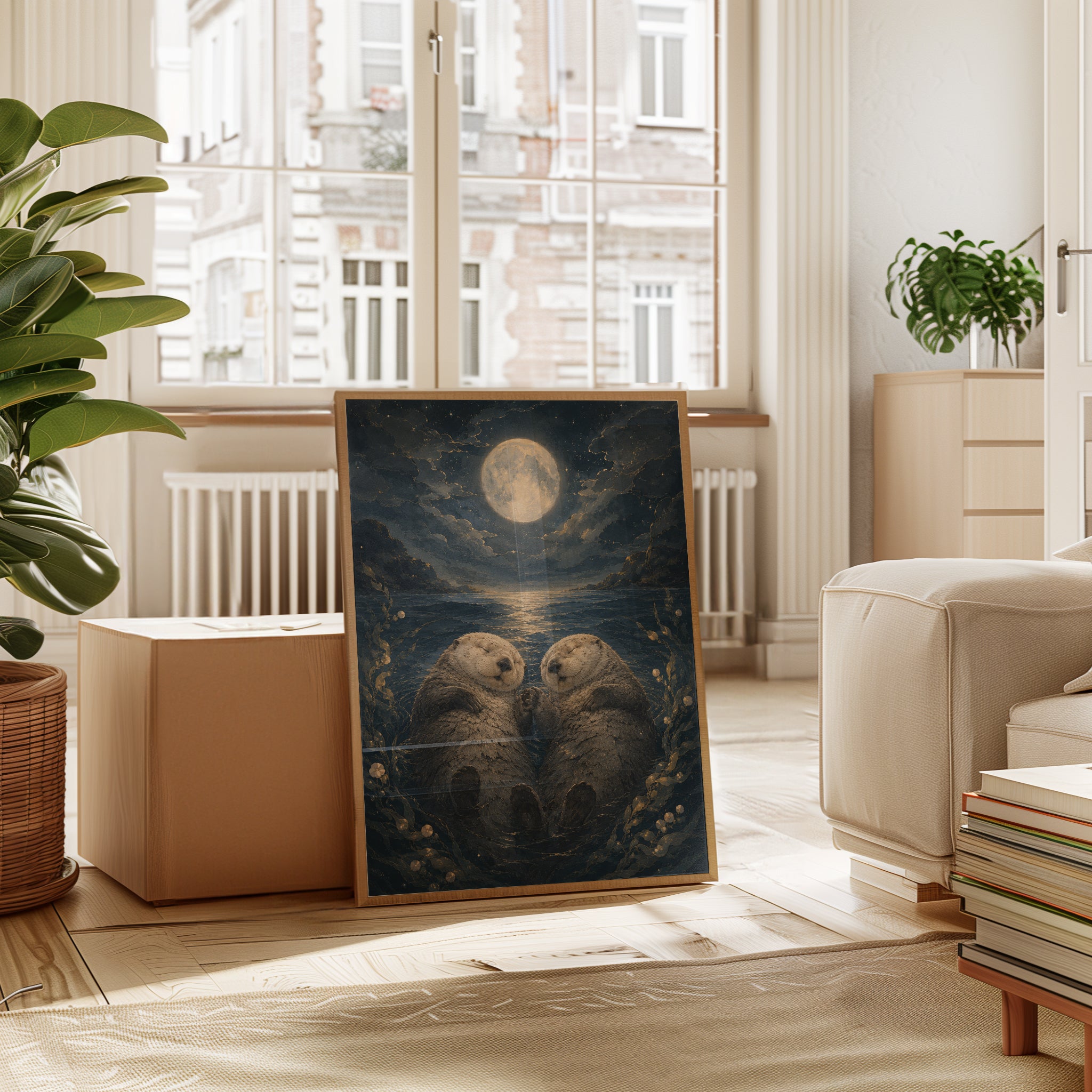 Sea Otters Holding Hands Print — Romantic Moonlight Ocean Scene - interior