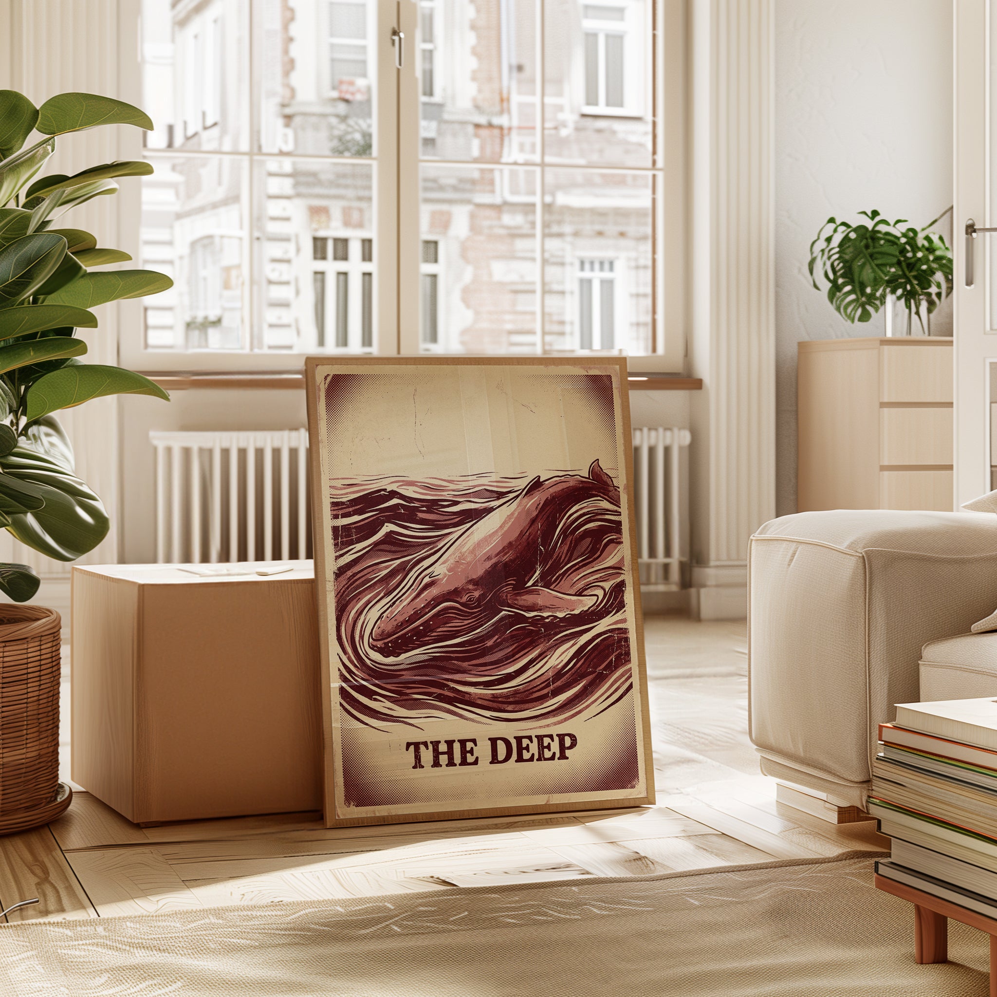 Whale Art Print: Vintage Red Ocean Poster with Wave Design - interior