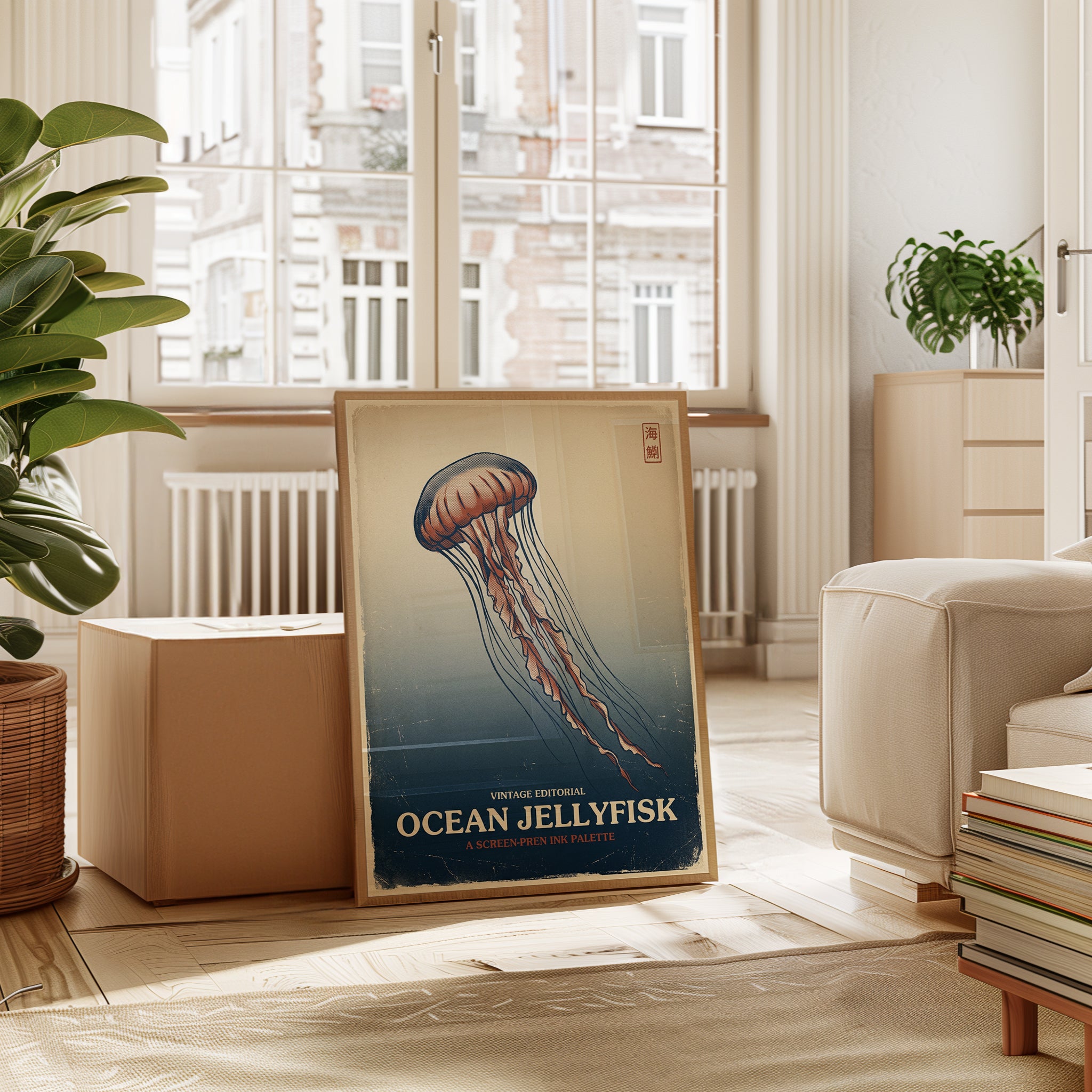 Vintage Jellyfish Art Print – Japanese Woodblock Style Ocean Wall - interior