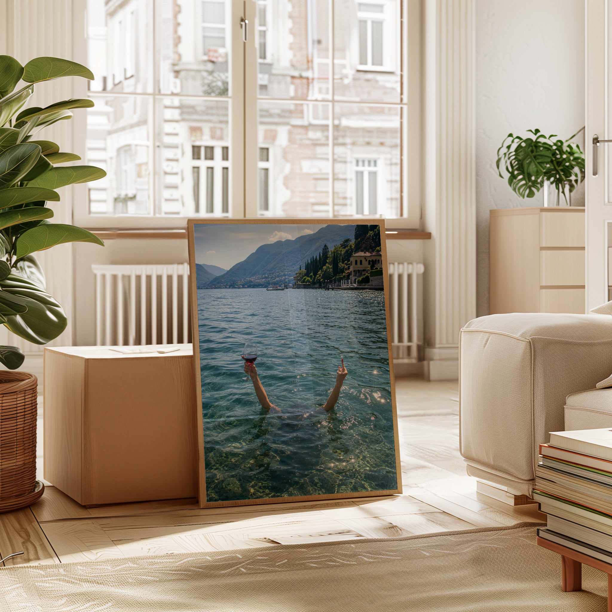 Italian Lake Swimming Art Print: Wine Glass Summer Lifestyle - interior