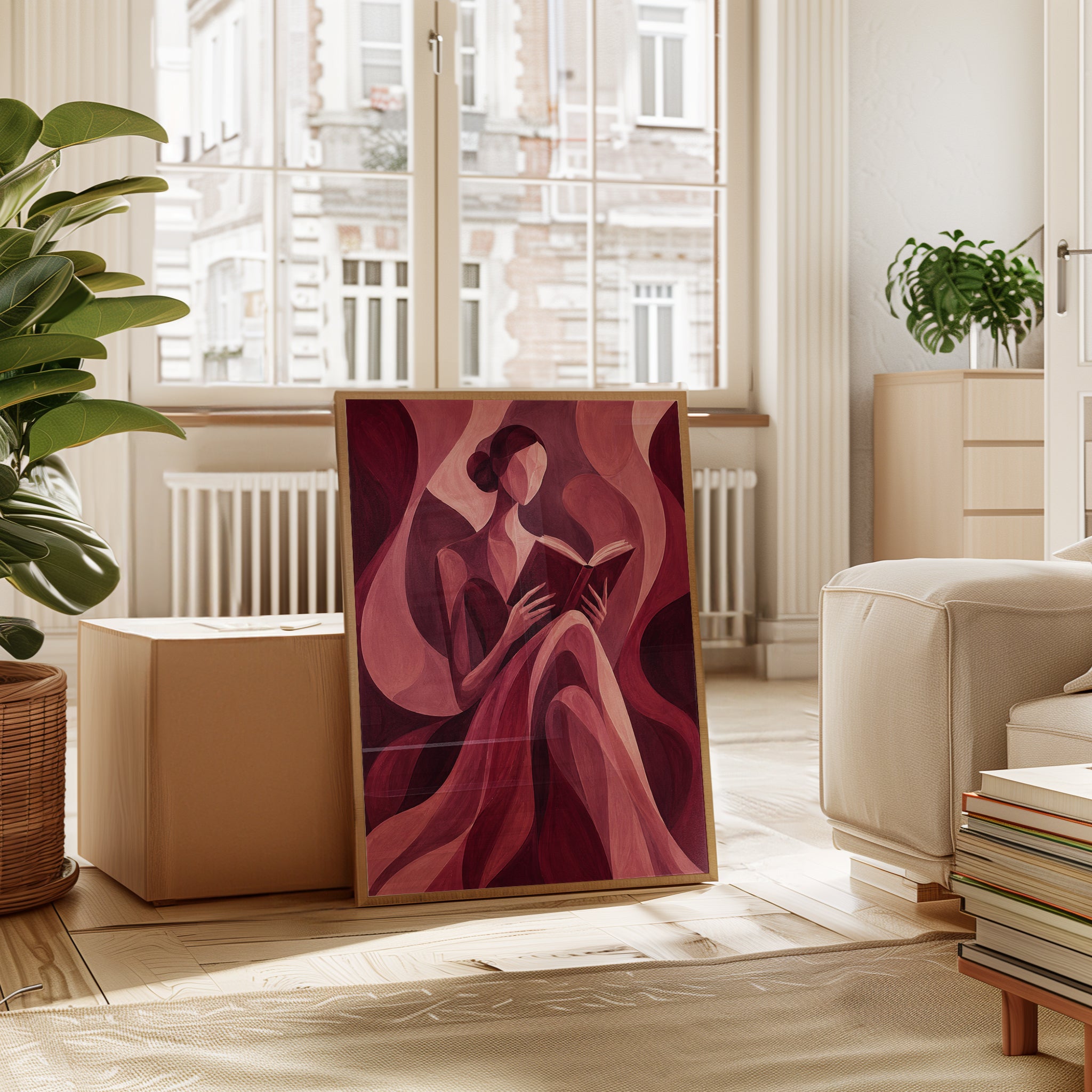Reading Woman Art Print: Cubist Style Pink and Burgundy Design - interior