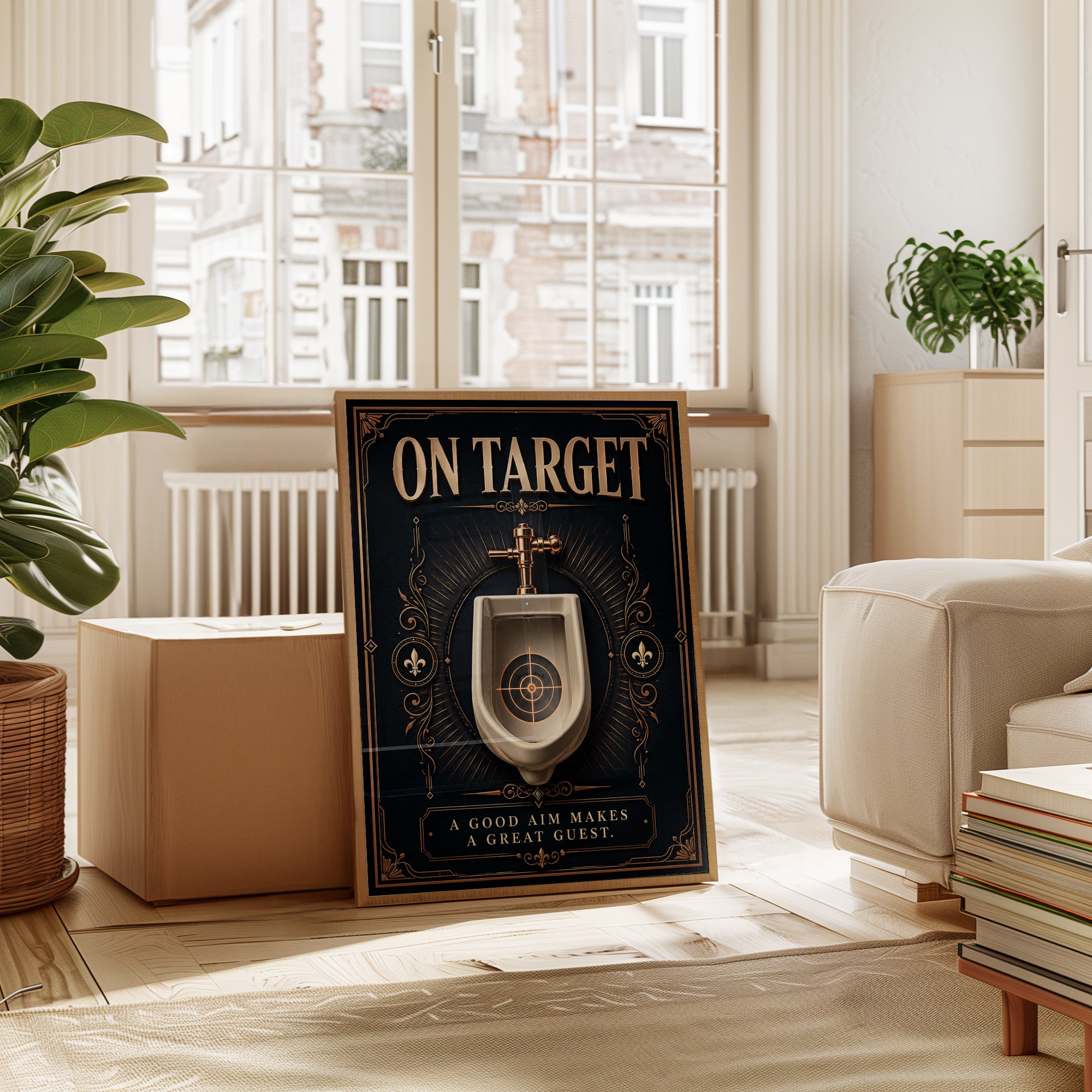 On Target Bathroom Wall Art: Art Deco Gold and Navy Humor Print - interior