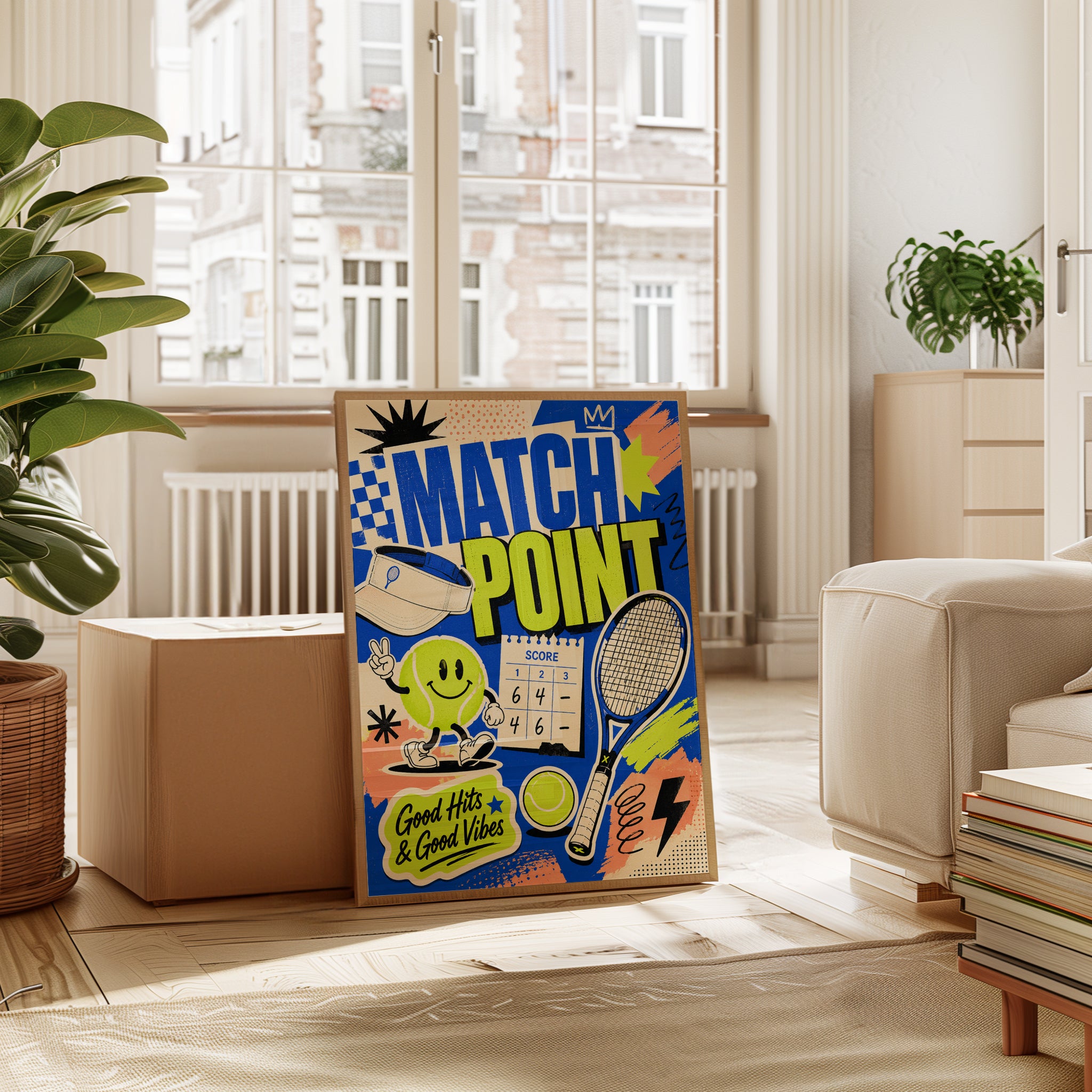 Match Point Tennis Print: Sports Wall Art (Neon Blue & Yellow) - interior